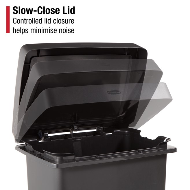 Large-capacity 71L step-on bin built for facilities requiring hygiene and durability.
Rubbermaid stainless steel pedal with secure liner lock and vented interior for easy servicing.