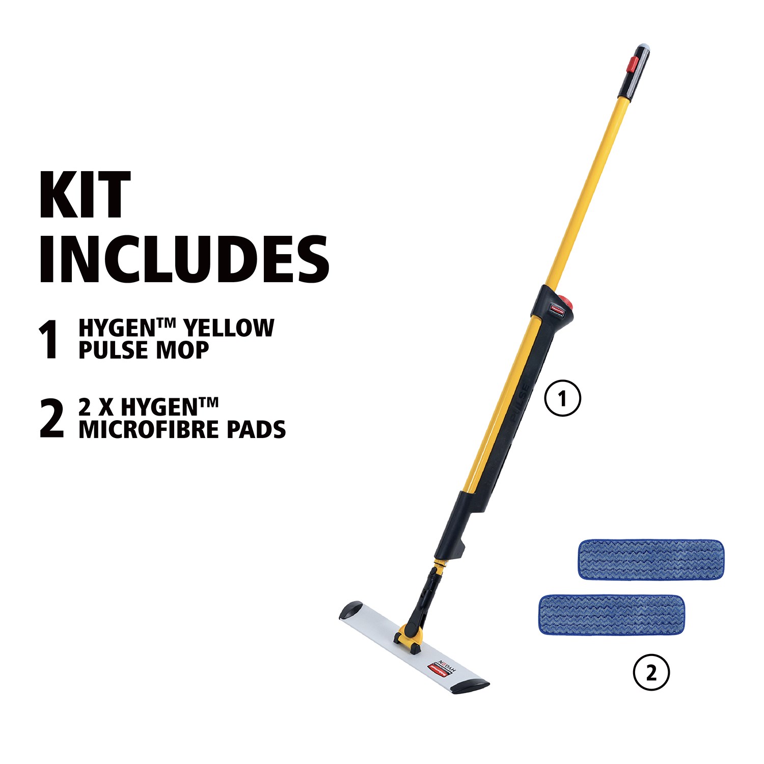 Rubbermaid Commercial Products Hygen Pulse Microfibre Spray Mop Kit | 2 x Mop Heads For Single-Sided Wet Mopping | 0.6L Fluid Reservoir | Hospitality, Offices & Commercial Use | Yellow | R050669