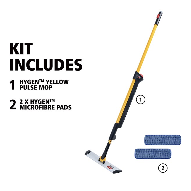 Rubbermaid Commercial Products Hygen Pulse Microfibre Spray Mop Kit | 2 x Mop Heads For Single-Sided Wet Mopping | 0.6L Fluid Reservoir | Hospitality, Offices & Commercial Use | Yellow | R050669
