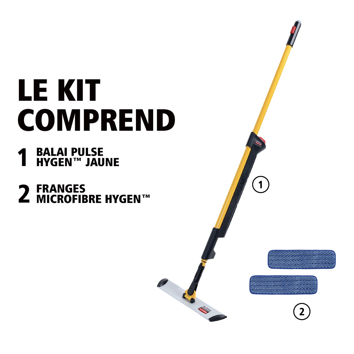 Le kit de lavage Rubbermaid HYGEN™ PULSE™ 1 face nettoie plus de mètres carrés en moins de temps. Microfibre de la meilleure qualité, réservoir intégré et libération de la solution de nettoyage à la demande permettent de laver les sols plus rapidement, plus facilement et plus efficacement.