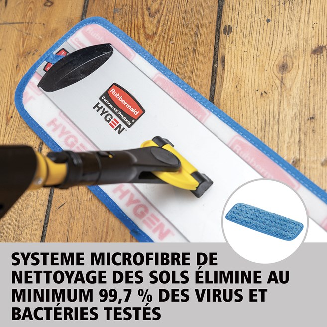 Le kit de lavage Rubbermaid HYGEN™ PULSE™ 1 face nettoie plus de mètres carrés en moins de temps. Microfibre de la meilleure qualité, réservoir intégré et libération de la solution de nettoyage à la demande permettent de laver les sols plus rapidement, plus facilement et plus efficacement.