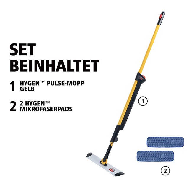 Das einseitige HYGEN™ PULSE™ Mopp-Set reinigt mehr Fläche in weniger Zeit. Die branchenweit beste Mikrofaser, der integrierte Reinigungsbehälter und die benutzergesteuerte Reinigungsmittelabgabe sorgen für eine schnellere, einfachere und effektivere Reinigung von Böden.