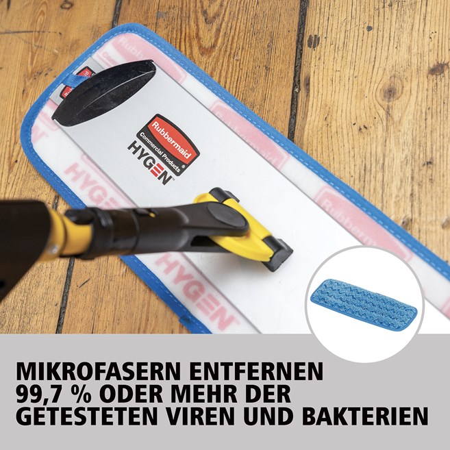 Das einseitige HYGEN™ PULSE™ Mopp-Set reinigt mehr Fläche in weniger Zeit. Die branchenweit beste Mikrofaser, der integrierte Reinigungsbehälter und die benutzergesteuerte Reinigungsmittelabgabe sorgen für eine schnellere, einfachere und effektivere Reinigung von Böden.