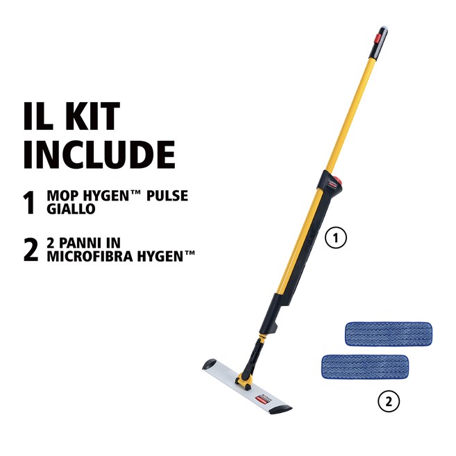 Il kit mop per PULSE™ HYGEN™ Rubbermaid Commercial a lato singolo pulisce una superficie maggiore in meno tempo. La migliore microfibra in commercio, il serbatoio integrato e un'erogazione controllata della soluzione consentono di ottenere pavimenti più puliti più velocemente, più facilmente e con maggiore efficacia.