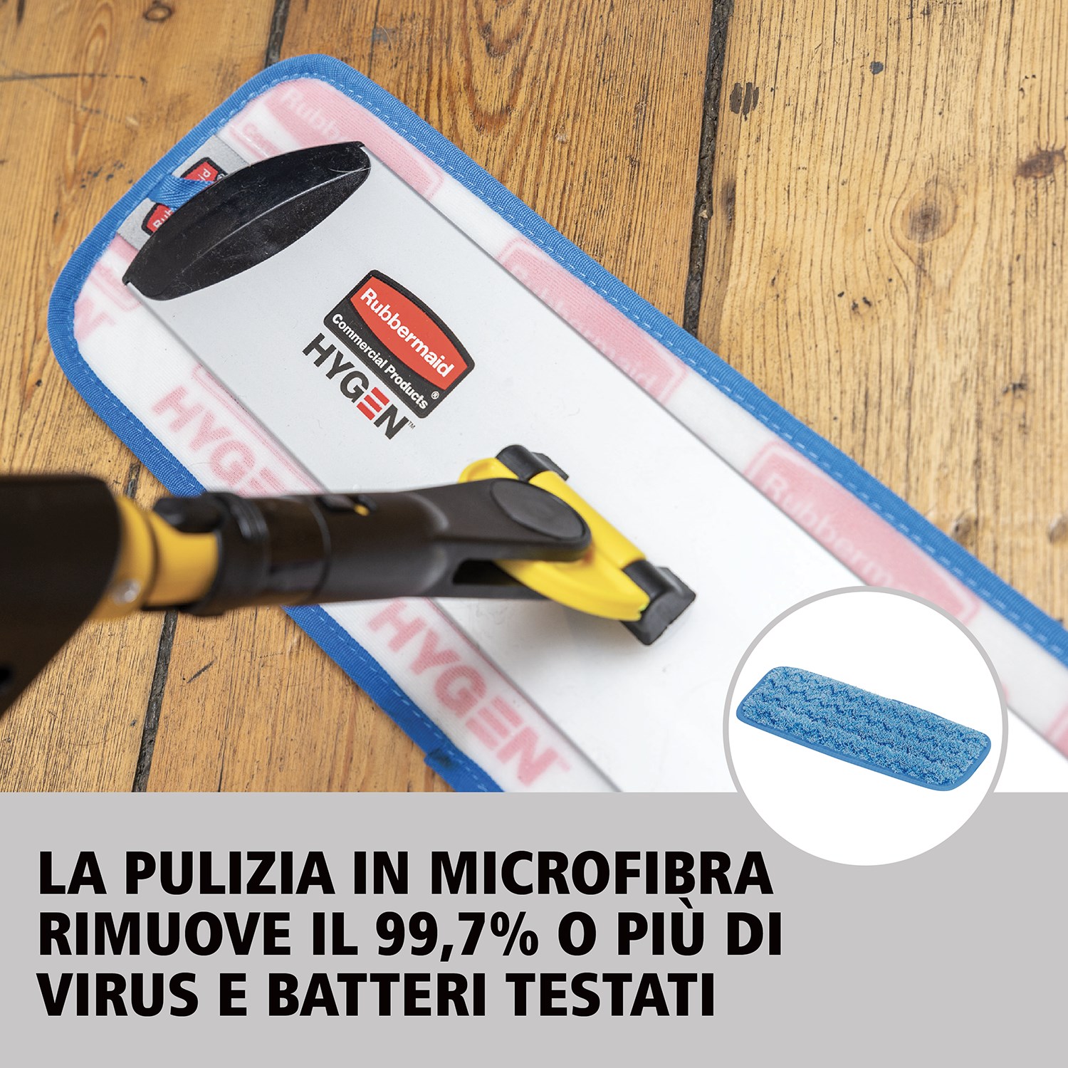 Il kit mop per PULSE™ HYGEN™ Rubbermaid Commercial a lato singolo pulisce una superficie maggiore in meno tempo. La migliore microfibra in commercio, il serbatoio integrato e un'erogazione controllata della soluzione consentono di ottenere pavimenti più puliti più velocemente, più facilmente e con maggiore efficacia.