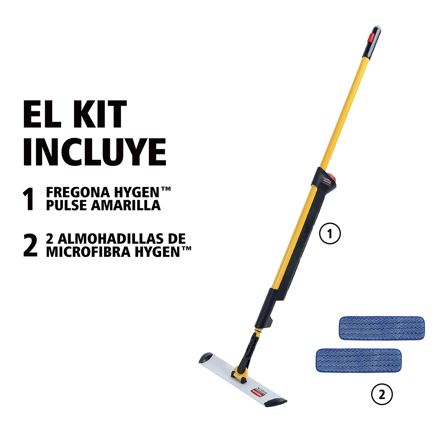 El kit de mopa de una cara Rubbermaid Commercial HYGEN™ PULSE™ limpia más metros cuadrados en menos tiempo. La mejor microfibra de la industria, el depósito incorporado y la aplicación controlada de solución según el uso facilitan la limpieza más rápida y eficaz del suelo.