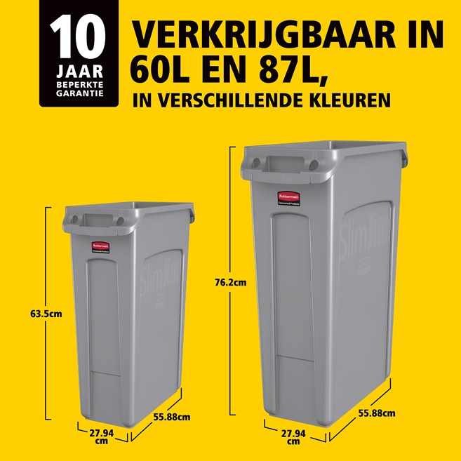 De Rubbermaid Commercial Slim Jim containers met luchtsleuven bieden compromisloze prestaties in nauwe ruimtes.
