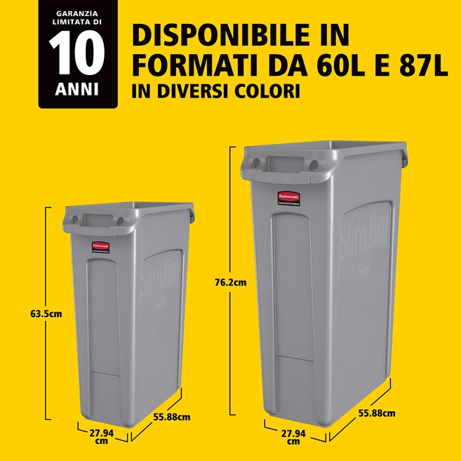 I bidoni Slim Jim® Rubbermaid Commercial con sfiati offrono prestazioni eccellenti anche in spazi ristretti.