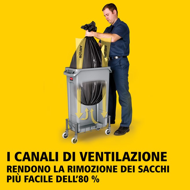 I bidoni Slim Jim® Rubbermaid Commercial con sfiati offrono prestazioni eccellenti anche in spazi ristretti.