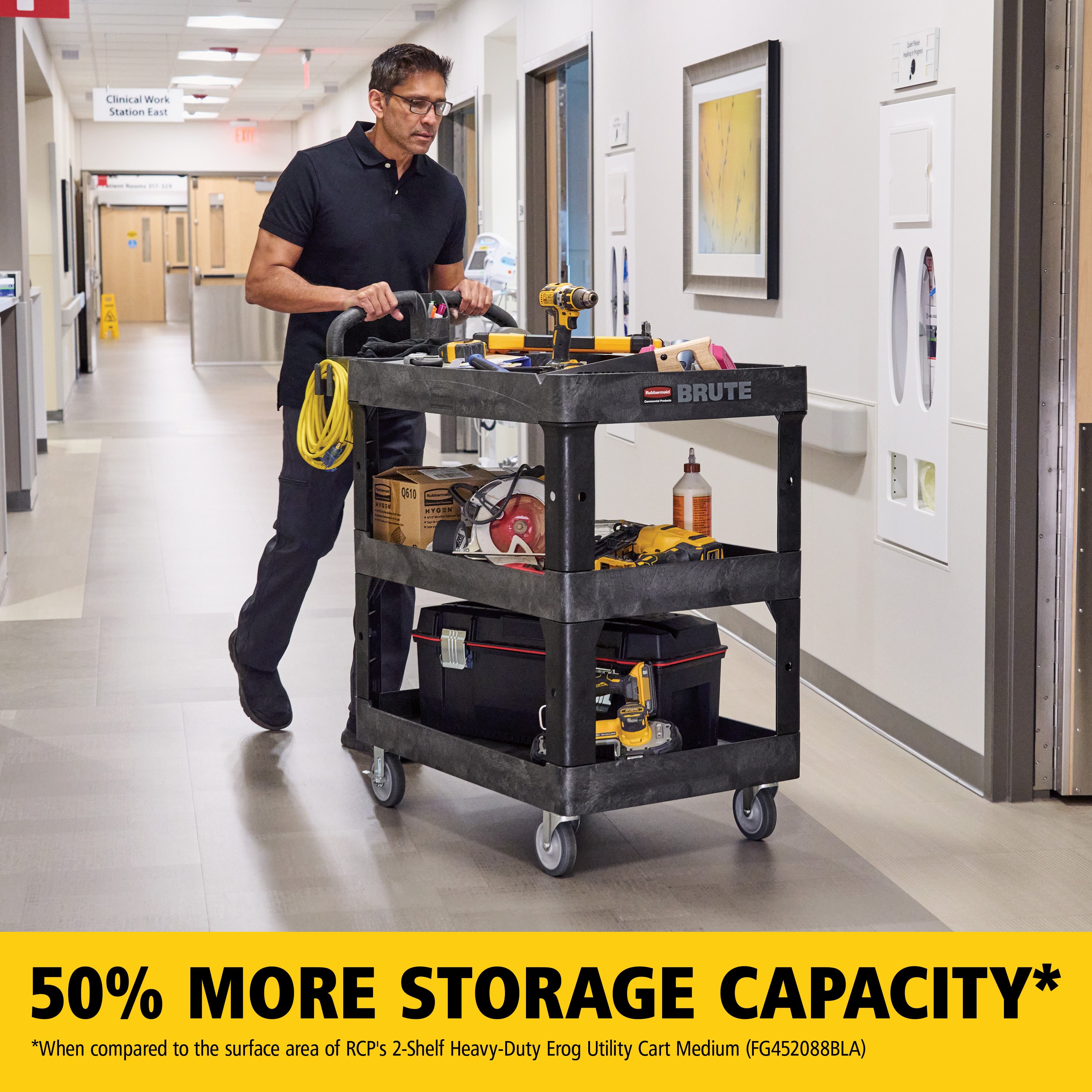 The BRUTE Heavy Duty 3-Shelf Utility Cart with a lipped shelves is a durable versatile cart that is ideal for transporting materials, supplies, and heavy loads up to 600 lb.