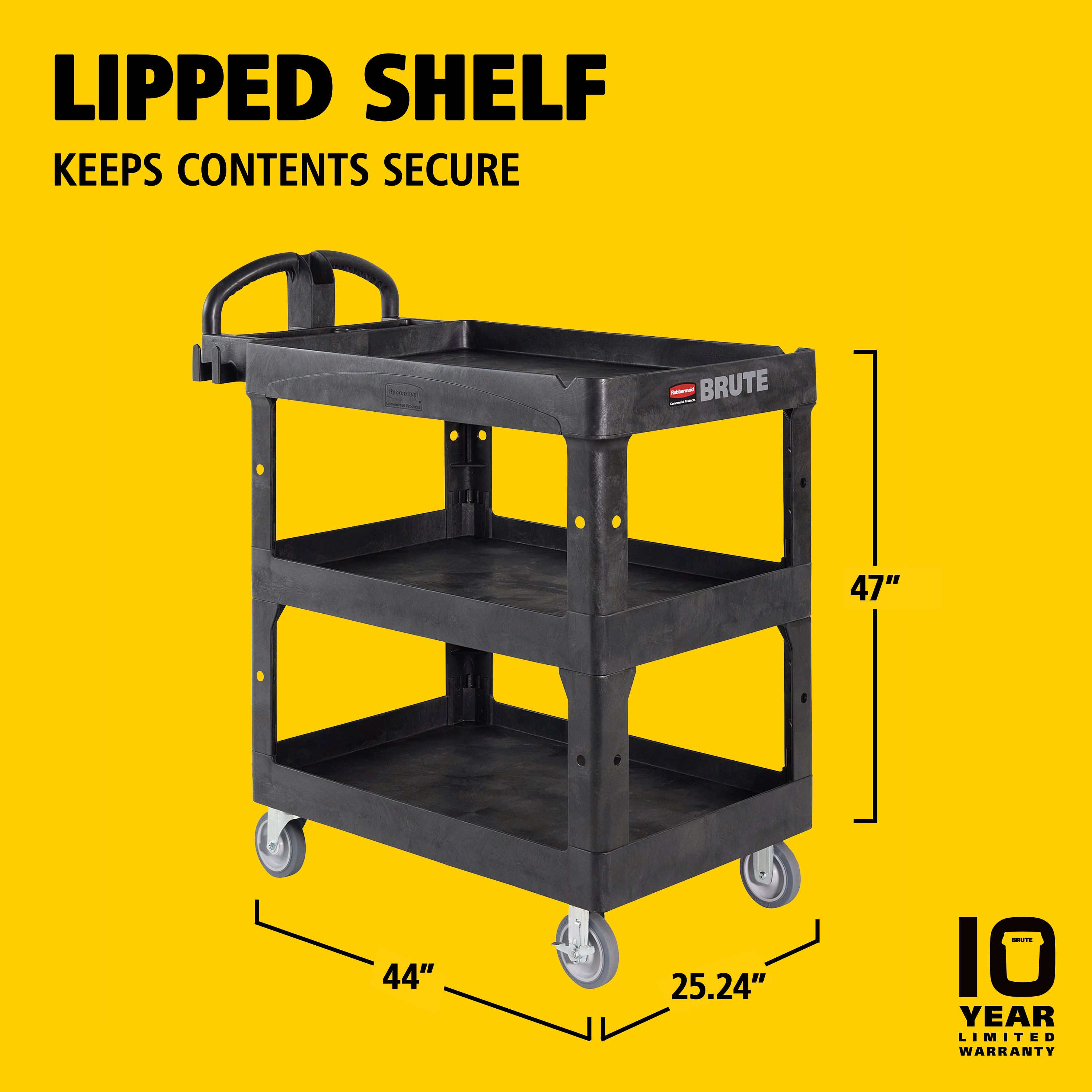 The BRUTE Heavy Duty 3-Shelf Utility Cart with a lipped shelves is a durable versatile cart that is ideal for transporting materials, supplies, and heavy loads up to 600 lb.