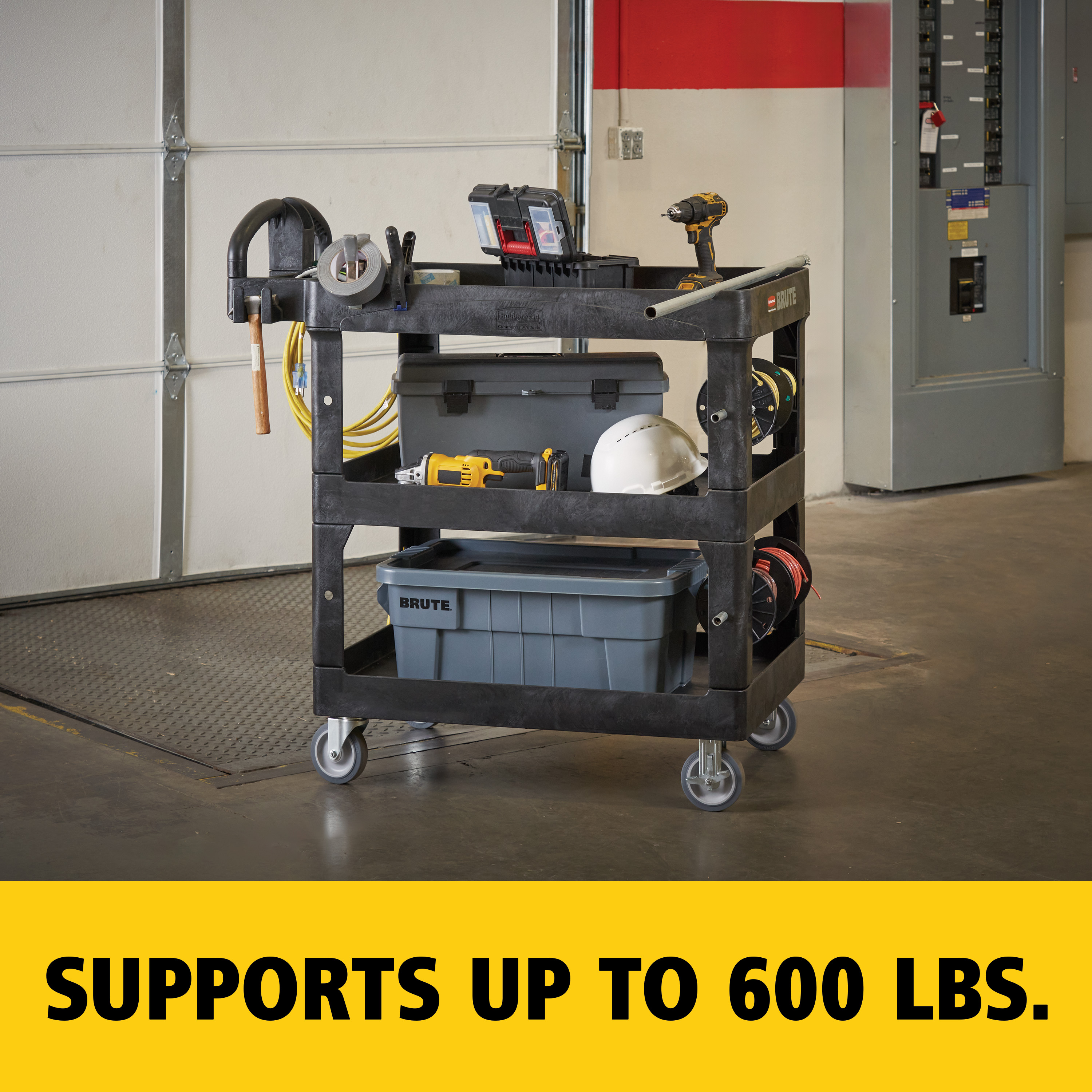 The BRUTE Heavy Duty 3-Shelf Utility Cart with a lipped shelves is a durable versatile cart that is ideal for transporting materials, supplies, and heavy loads up to 600 lb.
