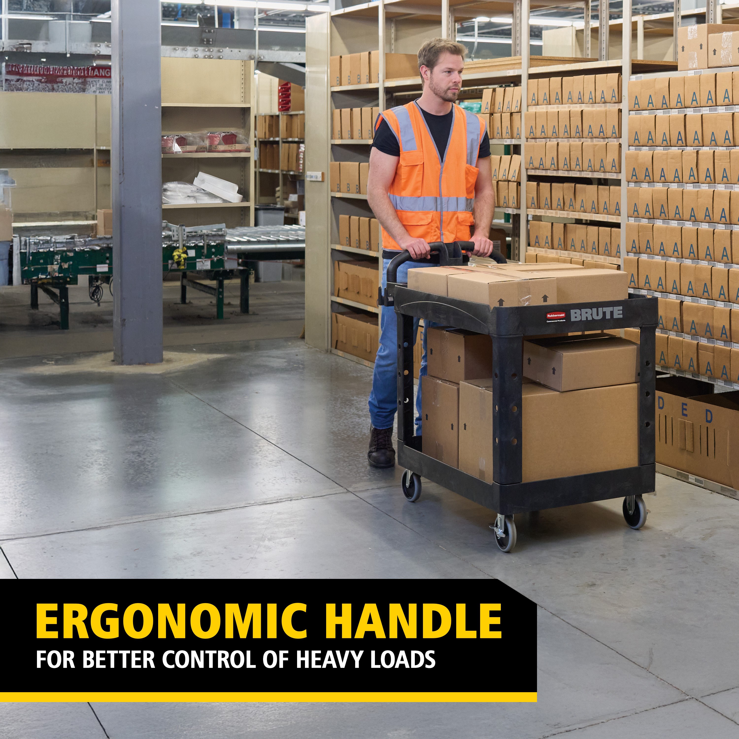 The BRUTE Heavy-Duty Utility Cart with Lipped Shelf transports materials, supplies, and heavy loads securely with up to 500 lbs. load capacity. The lipped shelves prevents items from falling off the cart and features an integrated V-notch to hold pipe and conduit securely for safe cutting.