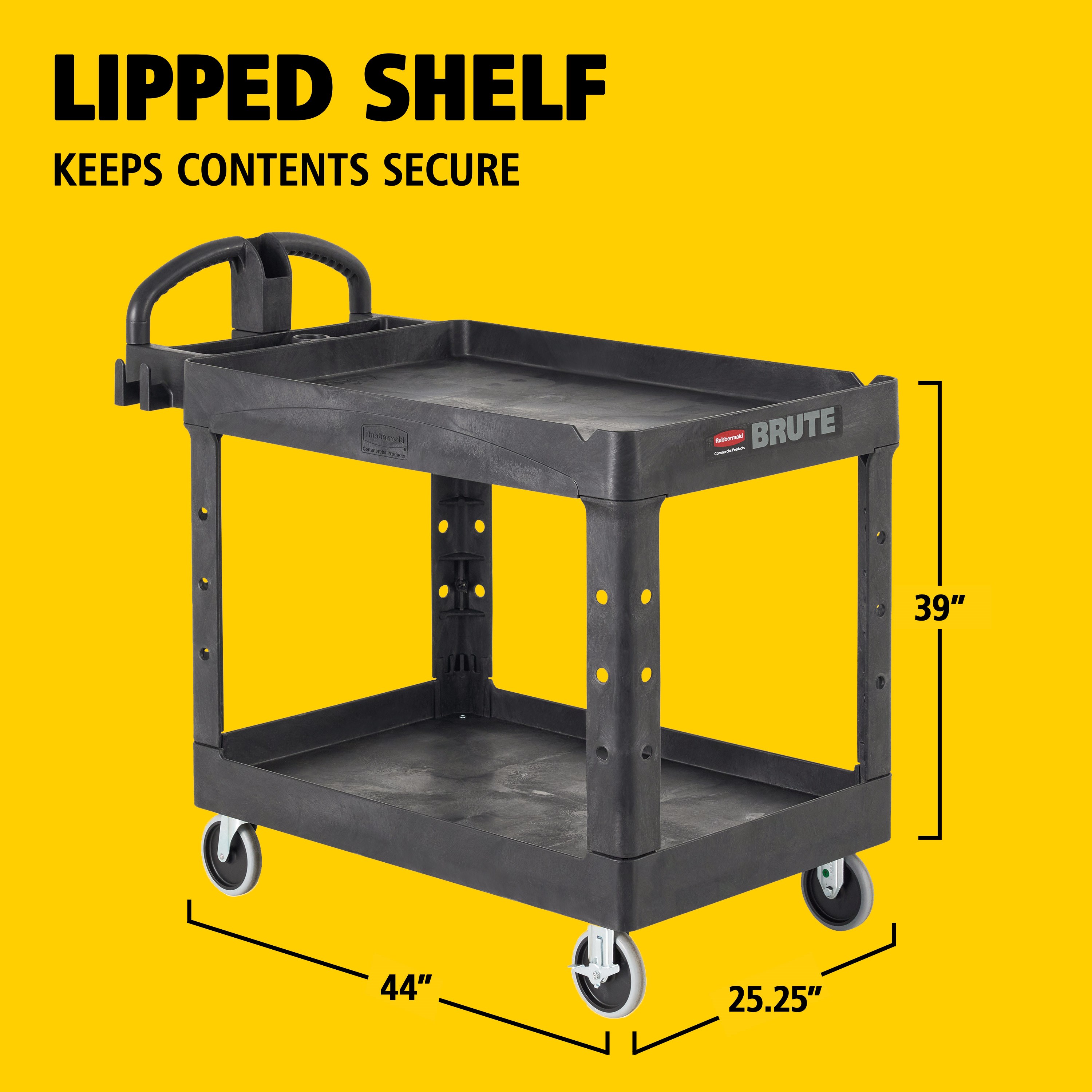 The BRUTE Heavy-Duty Utility Cart with Lipped Shelf transports materials, supplies, and heavy loads securely with up to 500 lbs. load capacity. The lipped shelves prevents items from falling off the cart and features an integrated V-notch to hold pipe and conduit securely for safe cutting.