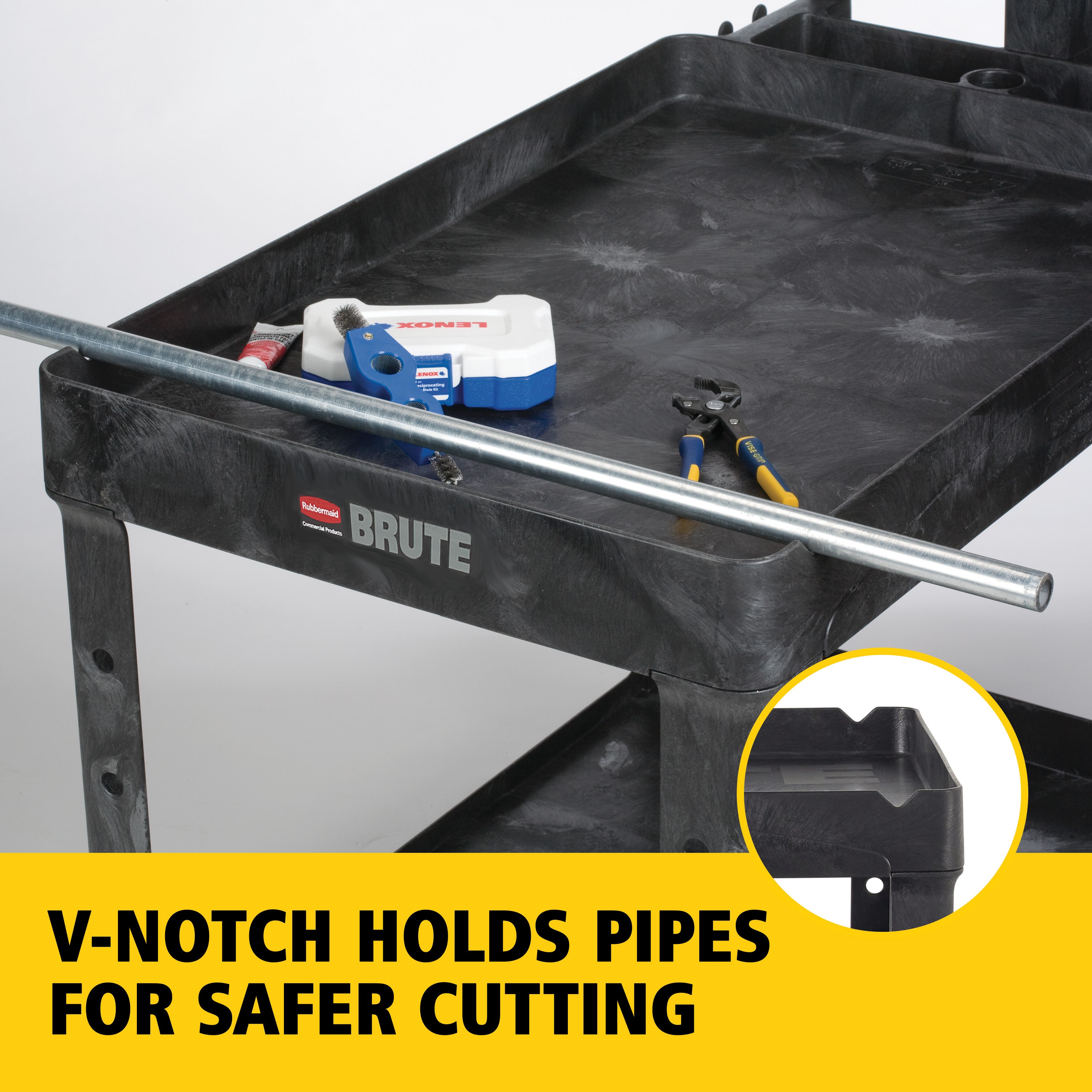 The BRUTE Heavy-Duty Utility Cart with Lipped Shelf transports materials, supplies, and heavy loads securely with up to 500 lbs. load capacity. The lipped shelves prevents items from falling off the cart and features an integrated V-notch to hold pipe and conduit securely for safe cutting.