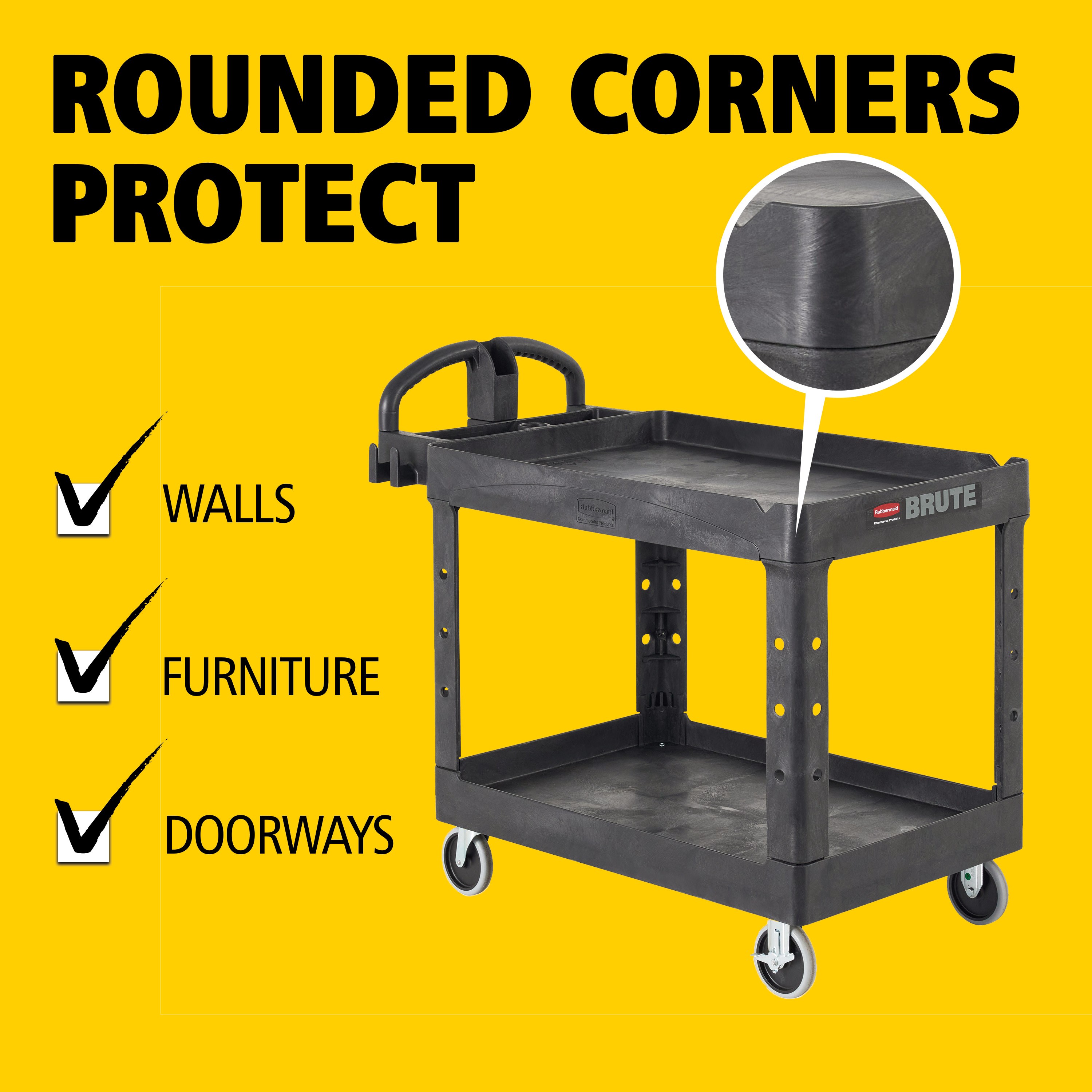 The BRUTE Heavy-Duty Utility Cart with Lipped Shelf transports materials, supplies, and heavy loads securely with up to 500 lbs. load capacity. The lipped shelves prevents items from falling off the cart and features an integrated V-notch to hold pipe and conduit securely for safe cutting.