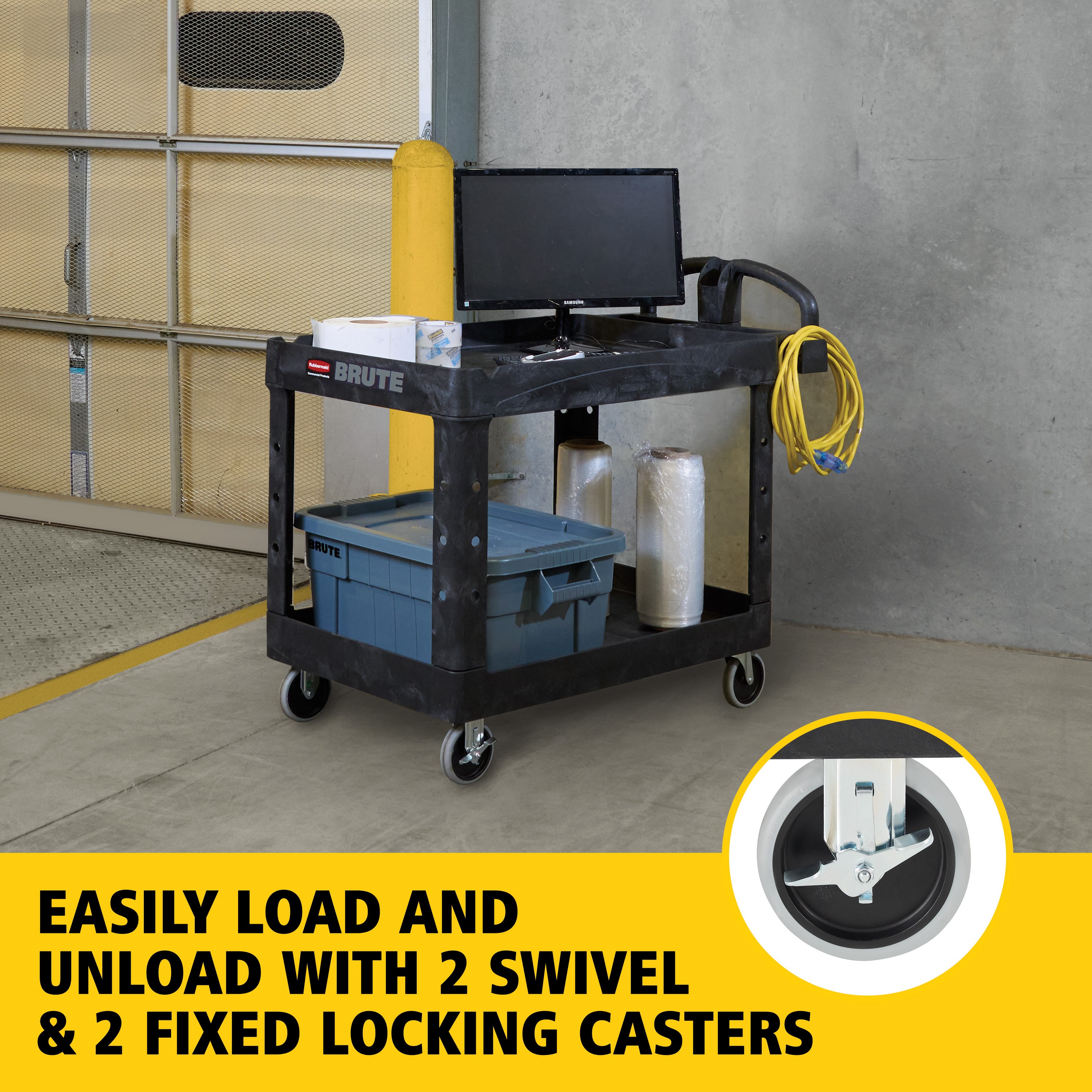 The BRUTE Heavy-Duty Utility Cart with Lipped Shelf transports materials, supplies, and heavy loads securely with up to 500 lbs. load capacity. The lipped shelves prevents items from falling off the cart and features an integrated V-notch to hold pipe and conduit securely for safe cutting.