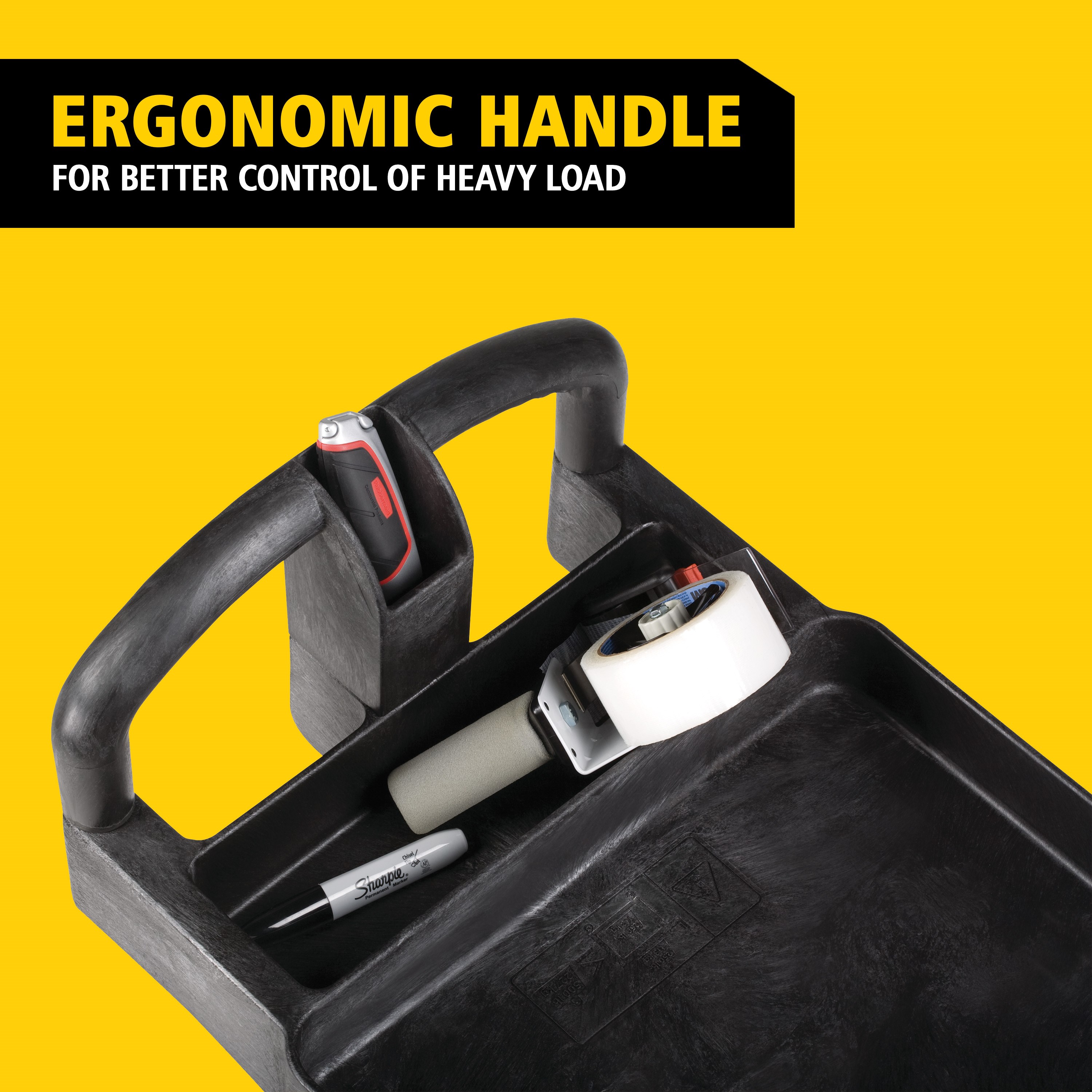 The BRUTE Heavy-Duty Utility Cart with Lipped Shelf transports materials, supplies, and heavy loads securely with up to 500 lbs. load capacity. The lipped shelves prevents items from falling off the cart and features an integrated V-notch to hold pipe and conduit securely for safe cutting.