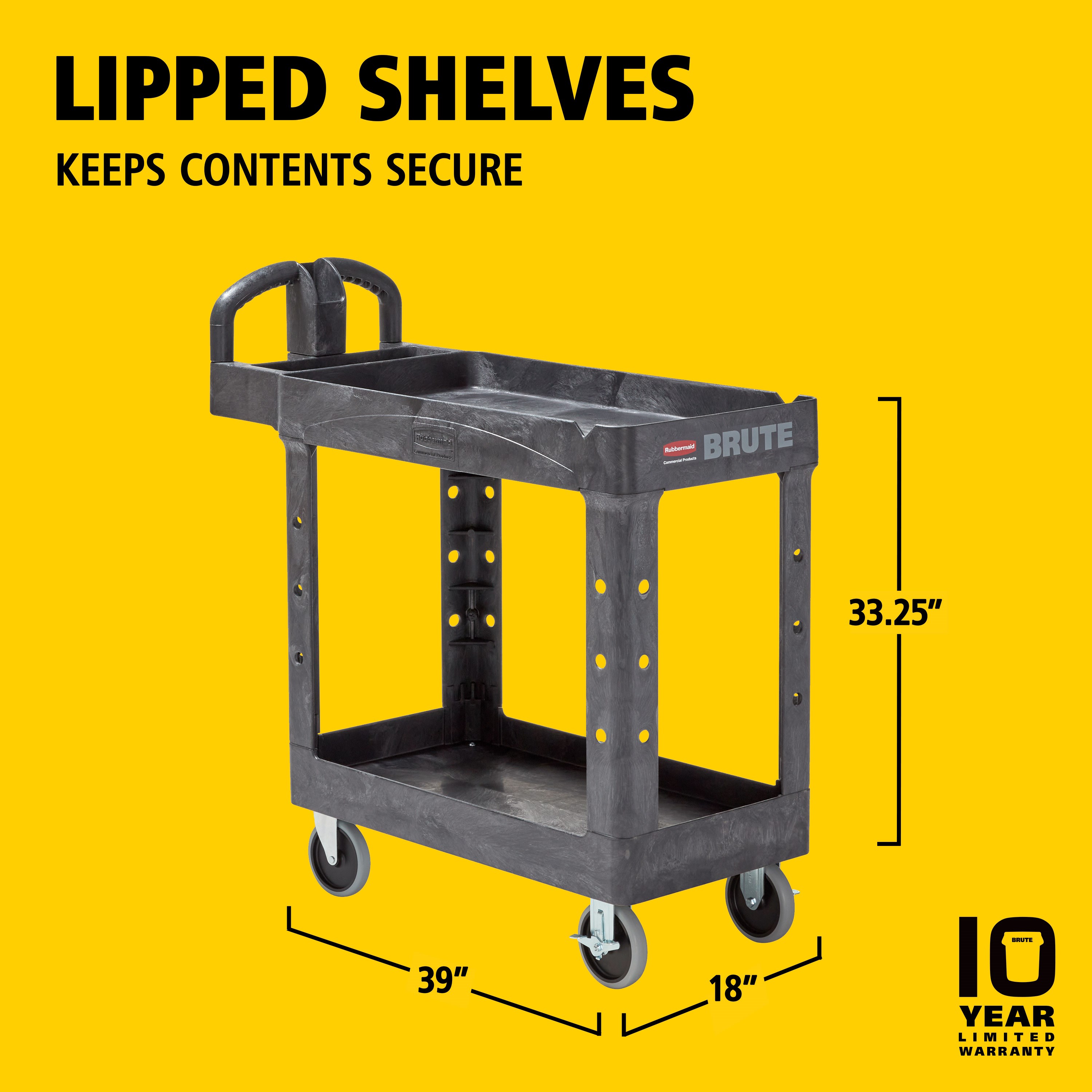 The BRUTE Heavy-Duty Utility Cart with Lipped Shelf transports materials, supplies, and heavy loads securely with up to 500 lbs. load capacity. The lipped shelves prevents items from falling off the cart and features an integrated V-notch to hold pipe and conduit securely for safe cutting.