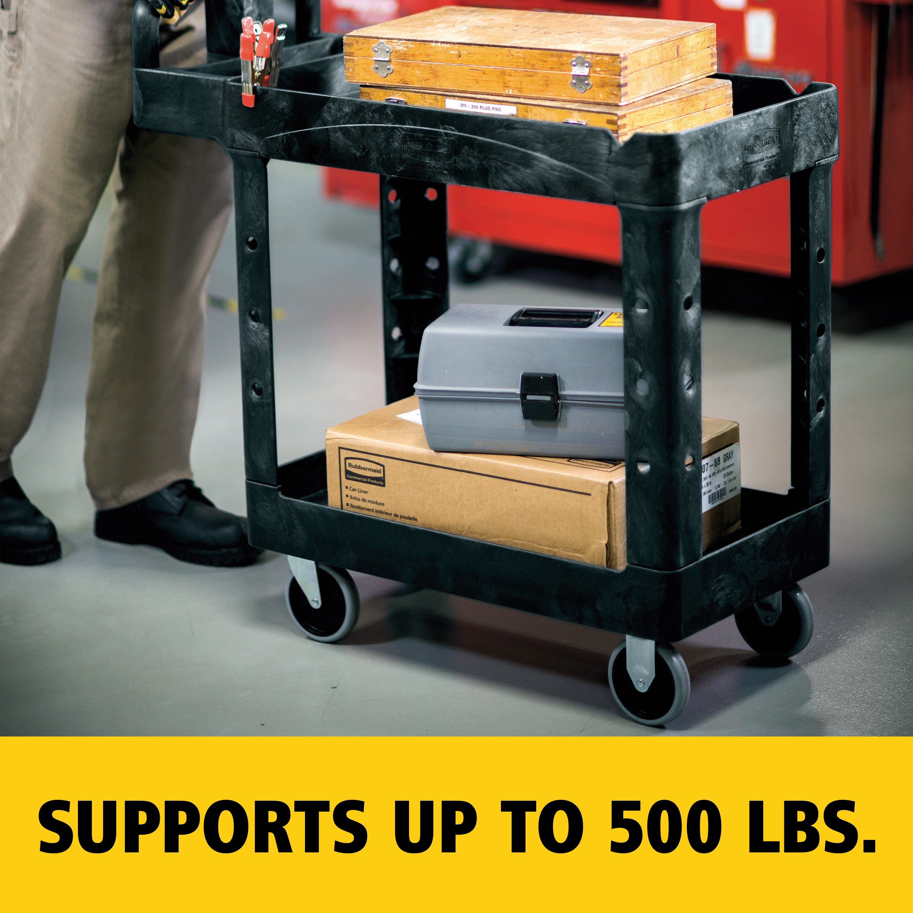 The BRUTE Heavy-Duty Utility Cart with Lipped Shelf transports materials, supplies, and heavy loads securely with up to 500 lbs. load capacity. The lipped shelves prevents items from falling off the cart and features an integrated V-notch to hold pipe and conduit securely for safe cutting.