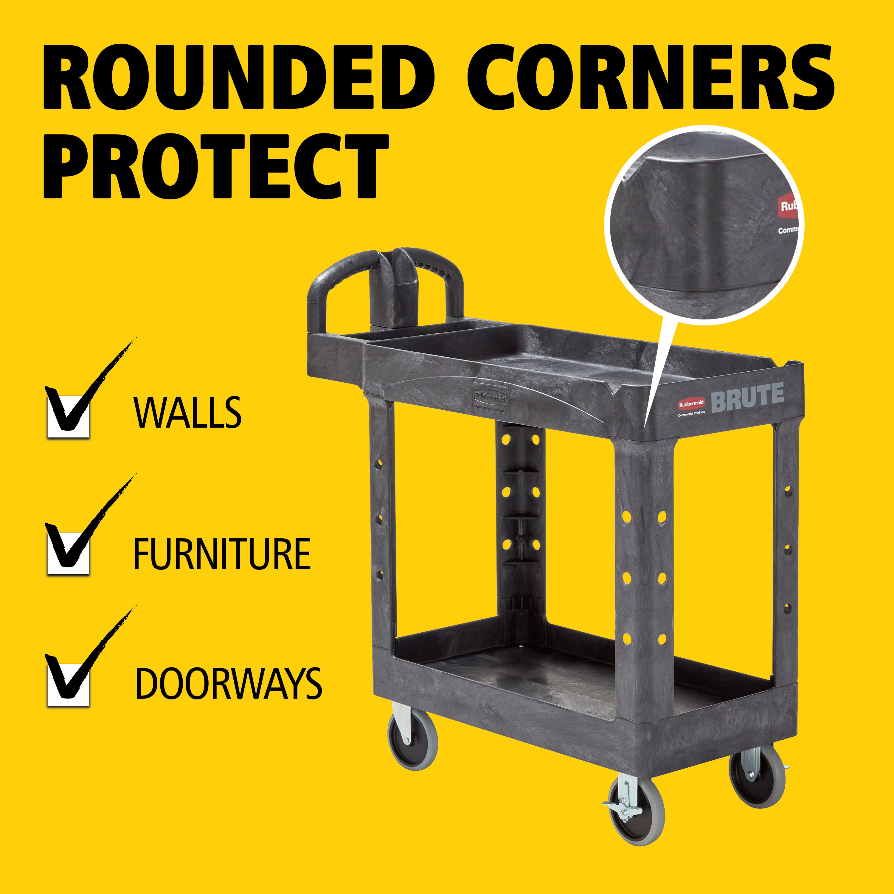 The BRUTE Heavy-Duty Utility Cart with Lipped Shelf transports materials, supplies, and heavy loads securely with up to 500 lbs. load capacity. The lipped shelves prevents items from falling off the cart and features an integrated V-notch to hold pipe and conduit securely for safe cutting.