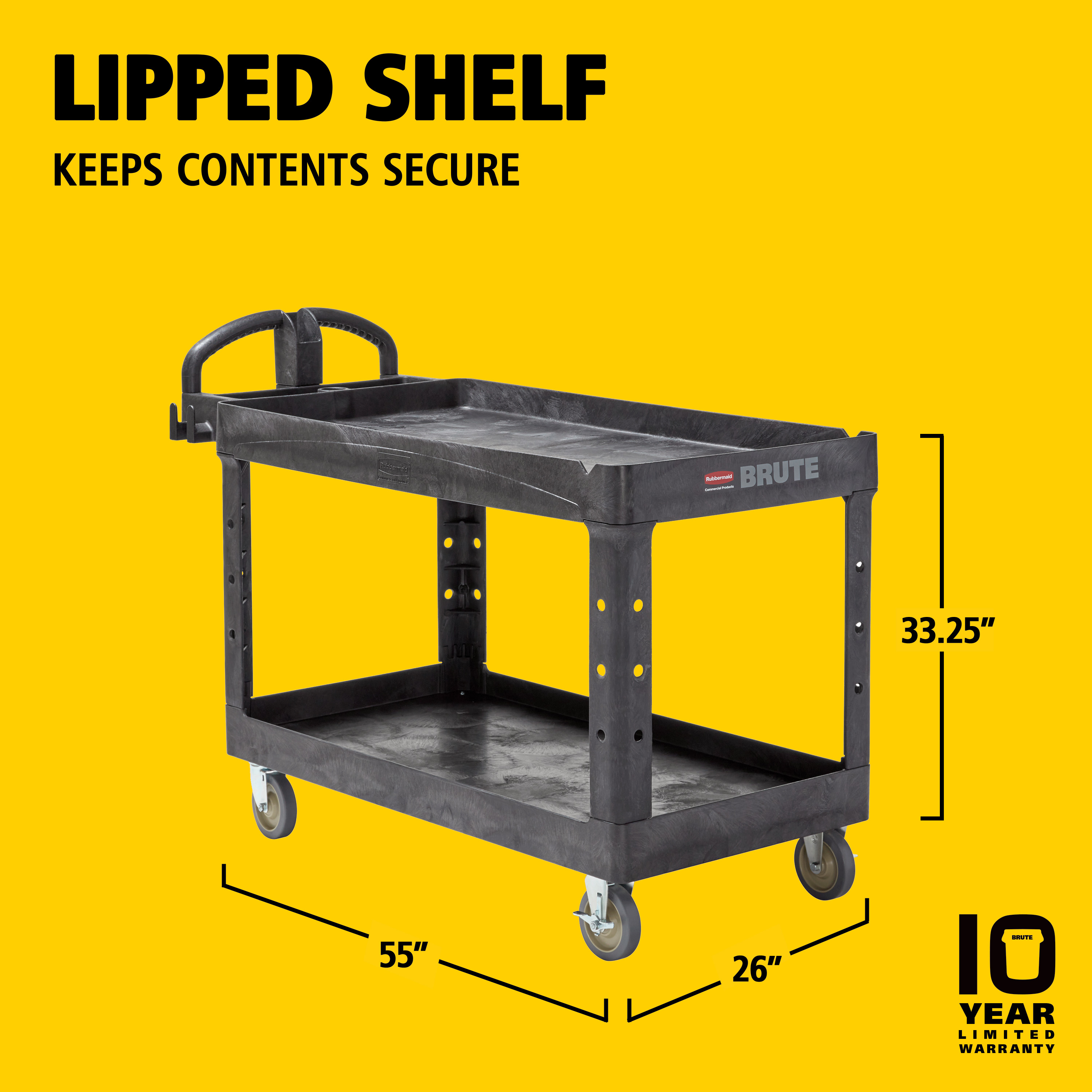 The BRUTE Heavy-Duty Utility Cart with Lipped Shelf transports materials, supplies, and heavy loads securely with up to 226Kg - 340Kg (size dependent) and option of 2,3 & 4 shelves for increased capacity. The lipped shelves prevents items from falling off the cart and features a premium ergonomic handle for easy manoeuvrability and integrated V-notch to hold pipe and conduit securely for safe cutting.