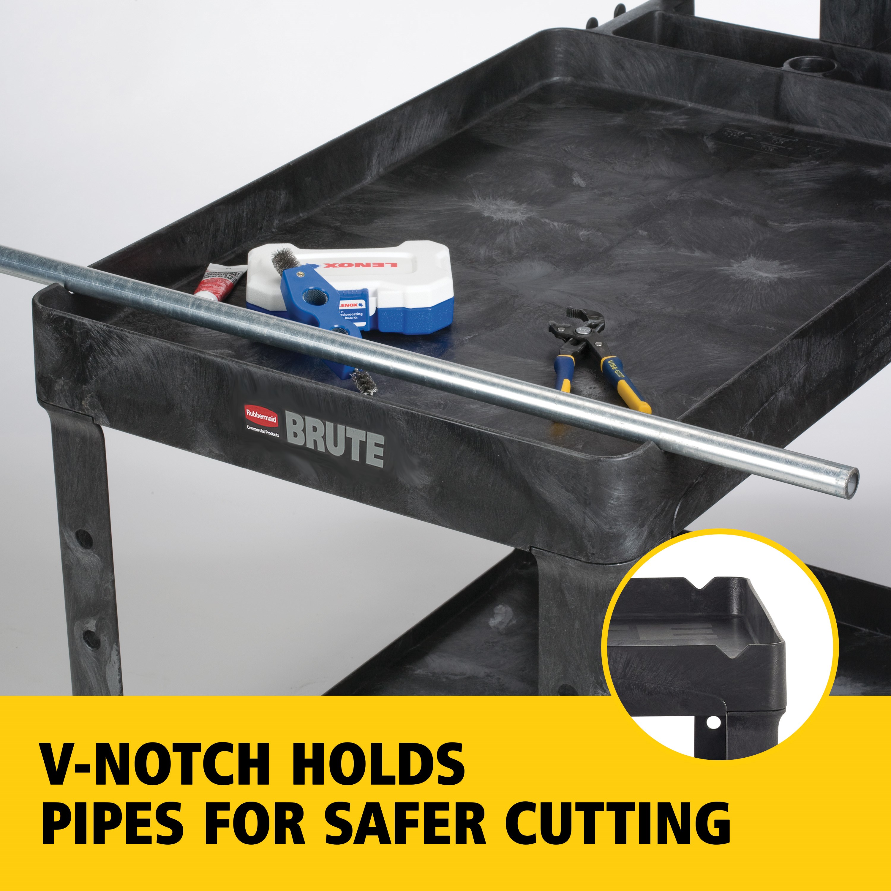 The BRUTE Heavy-Duty Utility Cart with Lipped Shelf transports materials, supplies, and heavy loads securely with up to 750 lbs. load capacity. The lipped shelves prevents items from falling off the cart and features an integrated V-notch to hold pipe and conduit securely for safe cutting.