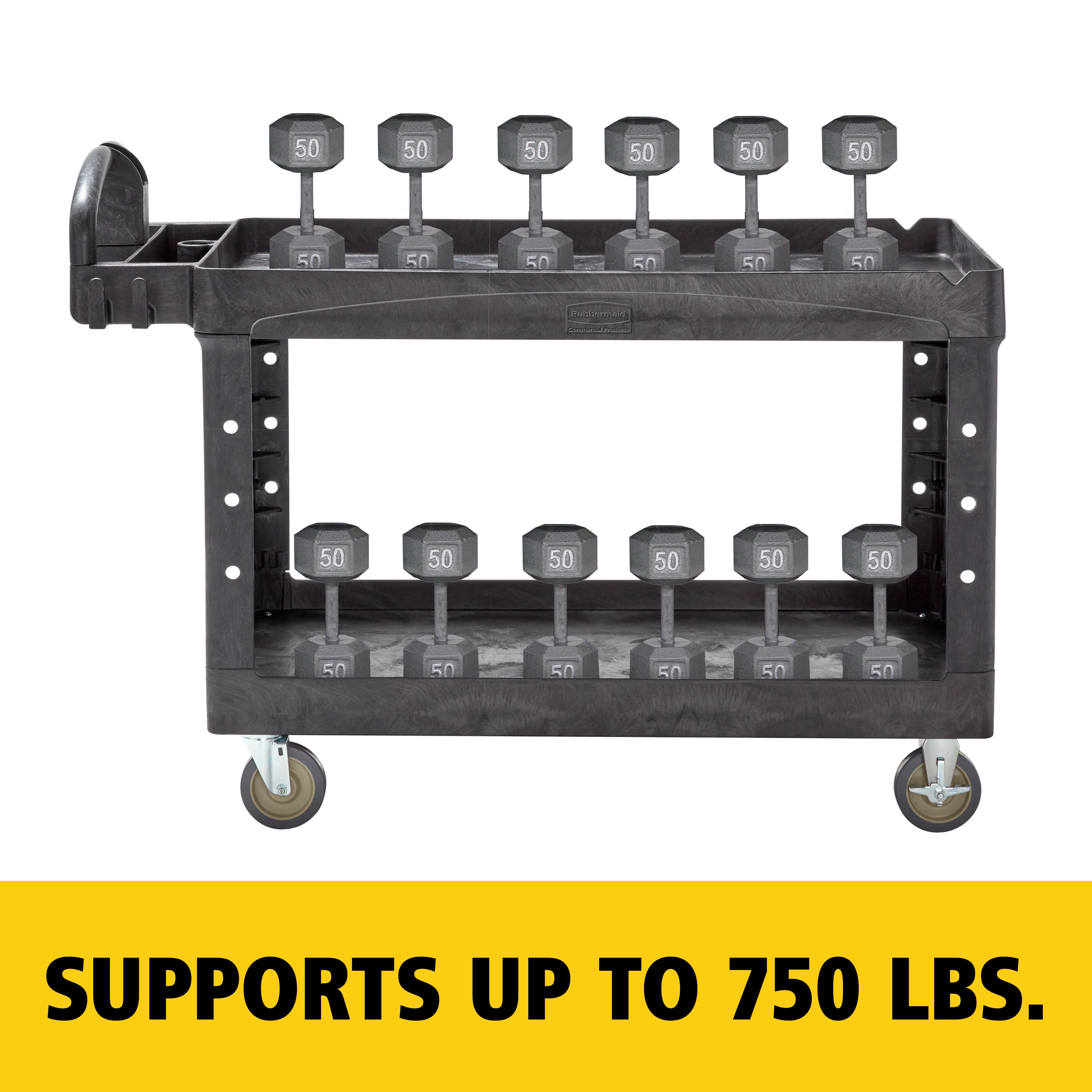 The BRUTE Heavy-Duty Utility Cart with Lipped Shelf transports materials, supplies, and heavy loads securely with up to 750 lbs. load capacity. The lipped shelves prevents items from falling off the cart and features an integrated V-notch to hold pipe and conduit securely for safe cutting.