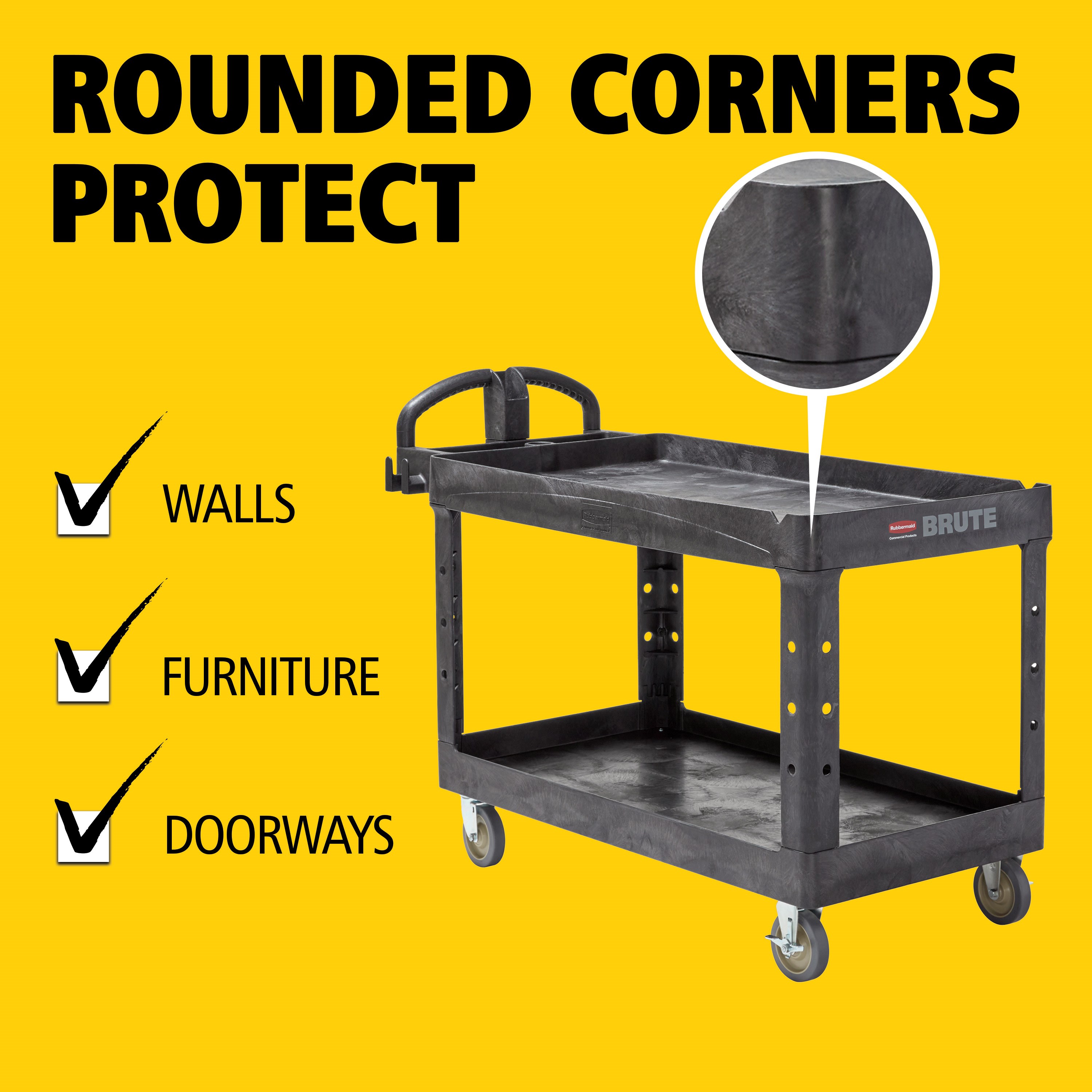 The BRUTE Heavy-Duty Utility Cart with Lipped Shelf transports materials, supplies, and heavy loads securely with up to 750 lbs. load capacity. The lipped shelves prevents items from falling off the cart and features an integrated V-notch to hold pipe and conduit securely for safe cutting.