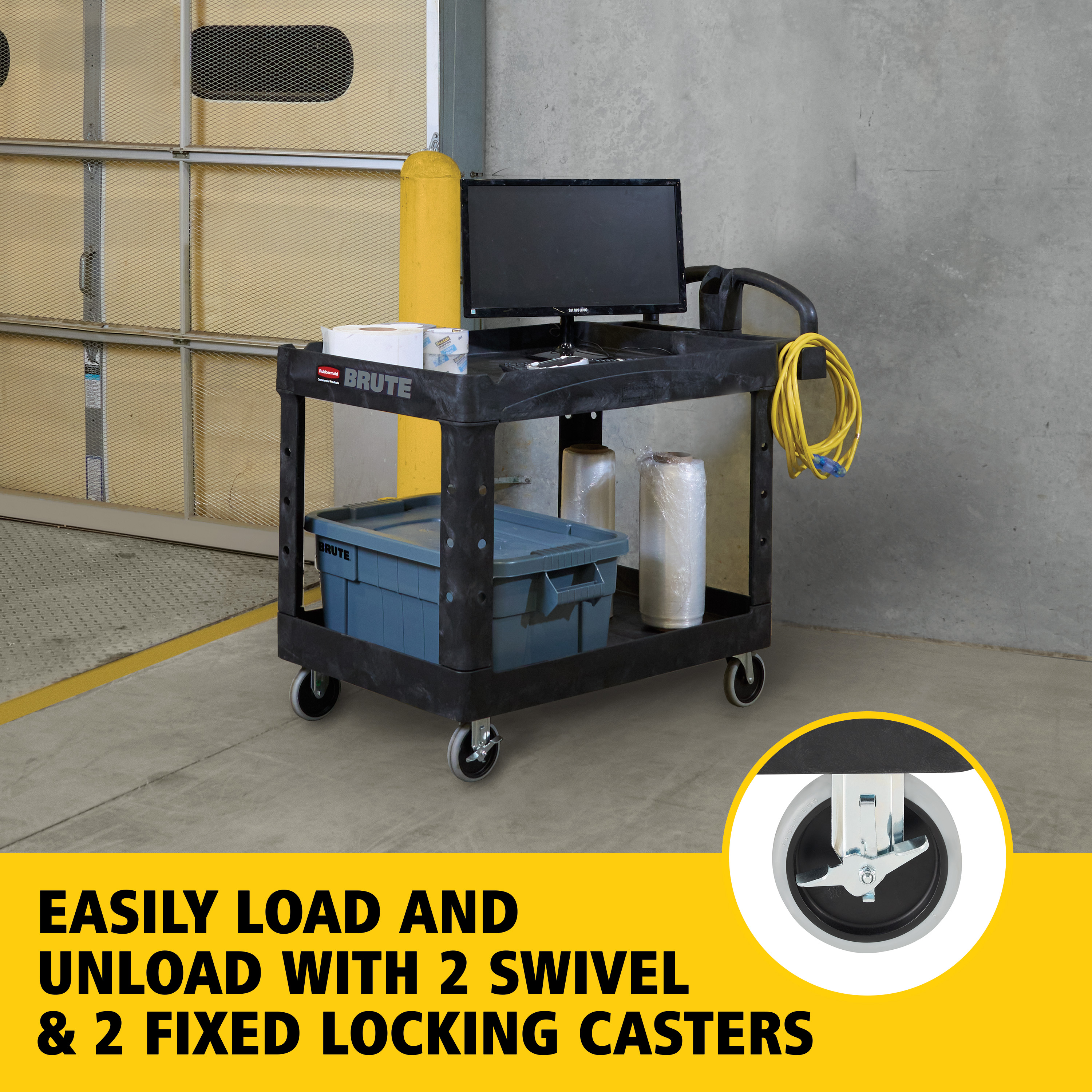 The BRUTE Heavy-Duty Utility Cart with Lipped Shelf transports materials, supplies, and heavy loads securely with up to 226Kg - 340Kg (size dependent) and option of 2,3 & 4 shelves for increased capacity. The lipped shelves prevents items from falling off the cart and features a premium ergonomic handle for easy manoeuvrability and integrated V-notch to hold pipe and conduit securely for safe cutting.