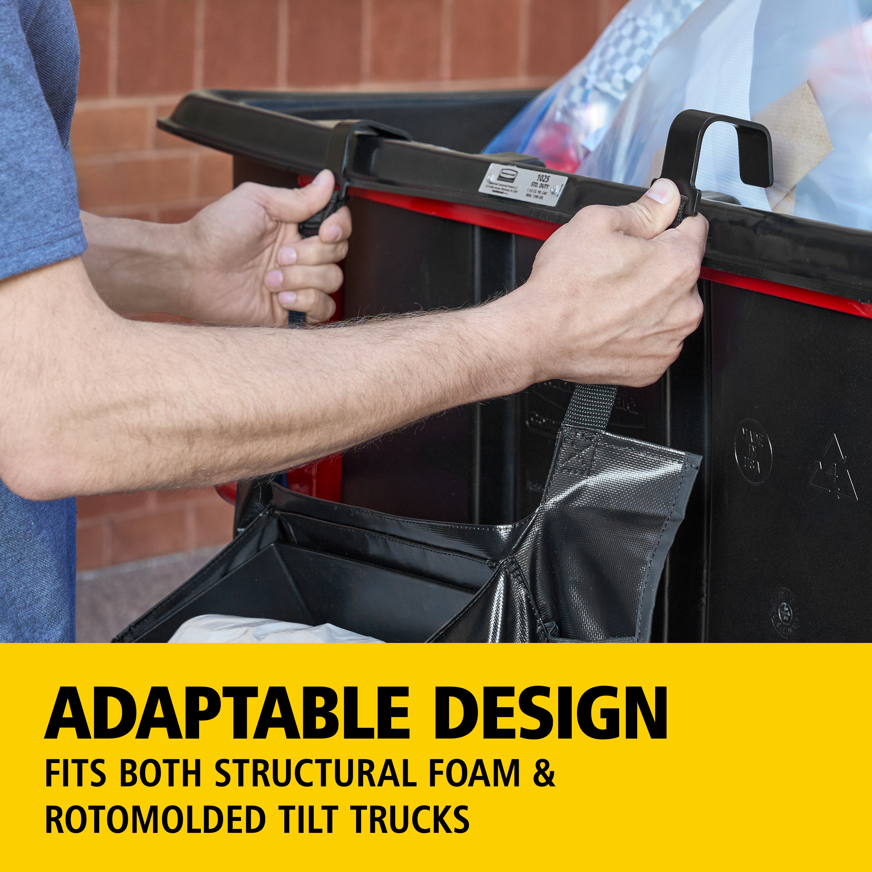 The Rubbermaid Commercial Products Tilt Truck Bag Organizer is an adaptable tilt truck organization solution that fits both Structural Foam and Rotomolded Tilt Trucks. The bag organizer features a built in bag dispenser and pockets of different sizes to fit all items needed during a shift.