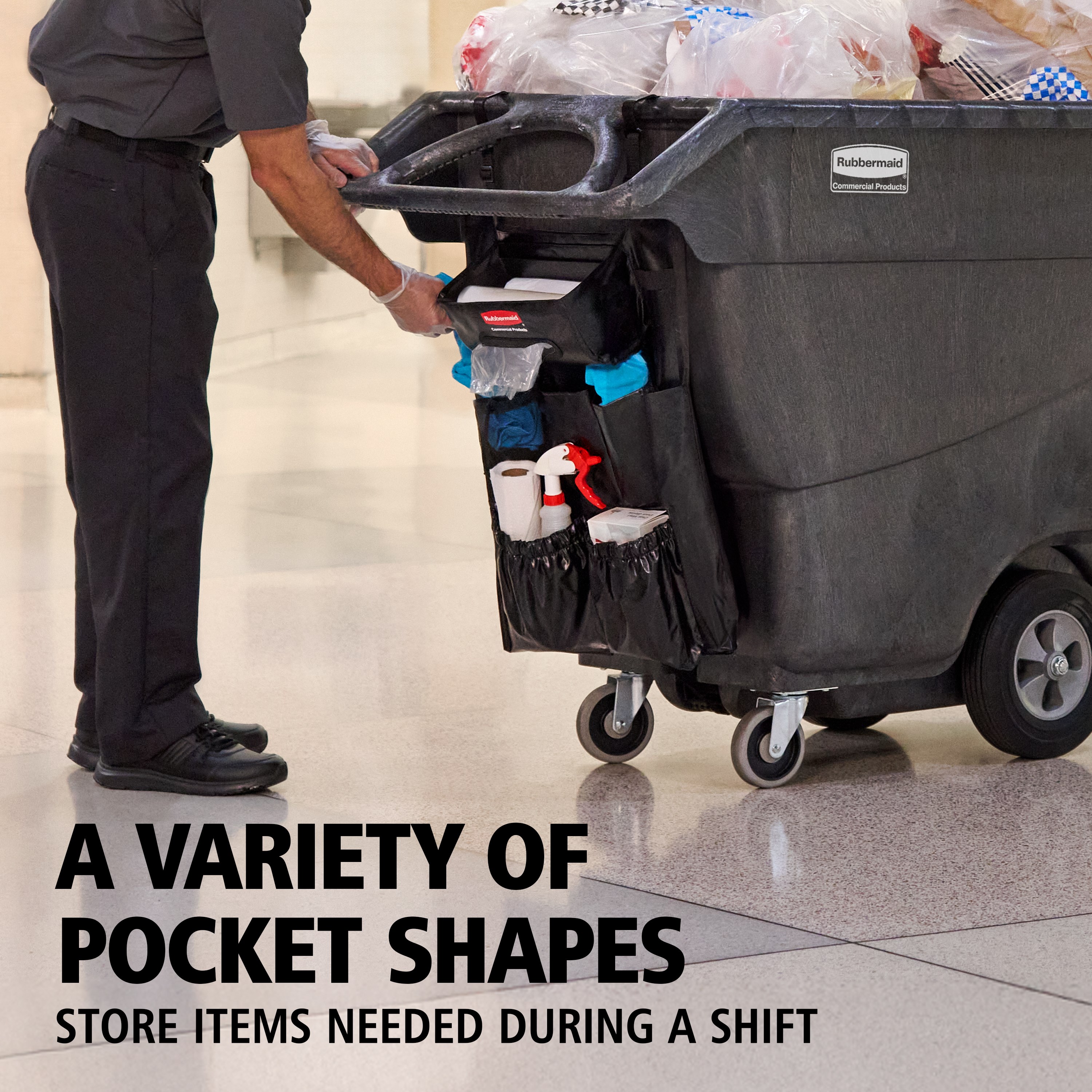 The Rubbermaid Commercial Products Tilt Truck Bag Organizer is an adaptable tilt truck organization solution that fits both Structural Foam and Rotomolded Tilt Trucks. The bag organizer features a built in bag dispenser and pockets of different sizes to fit all items needed during a shift.