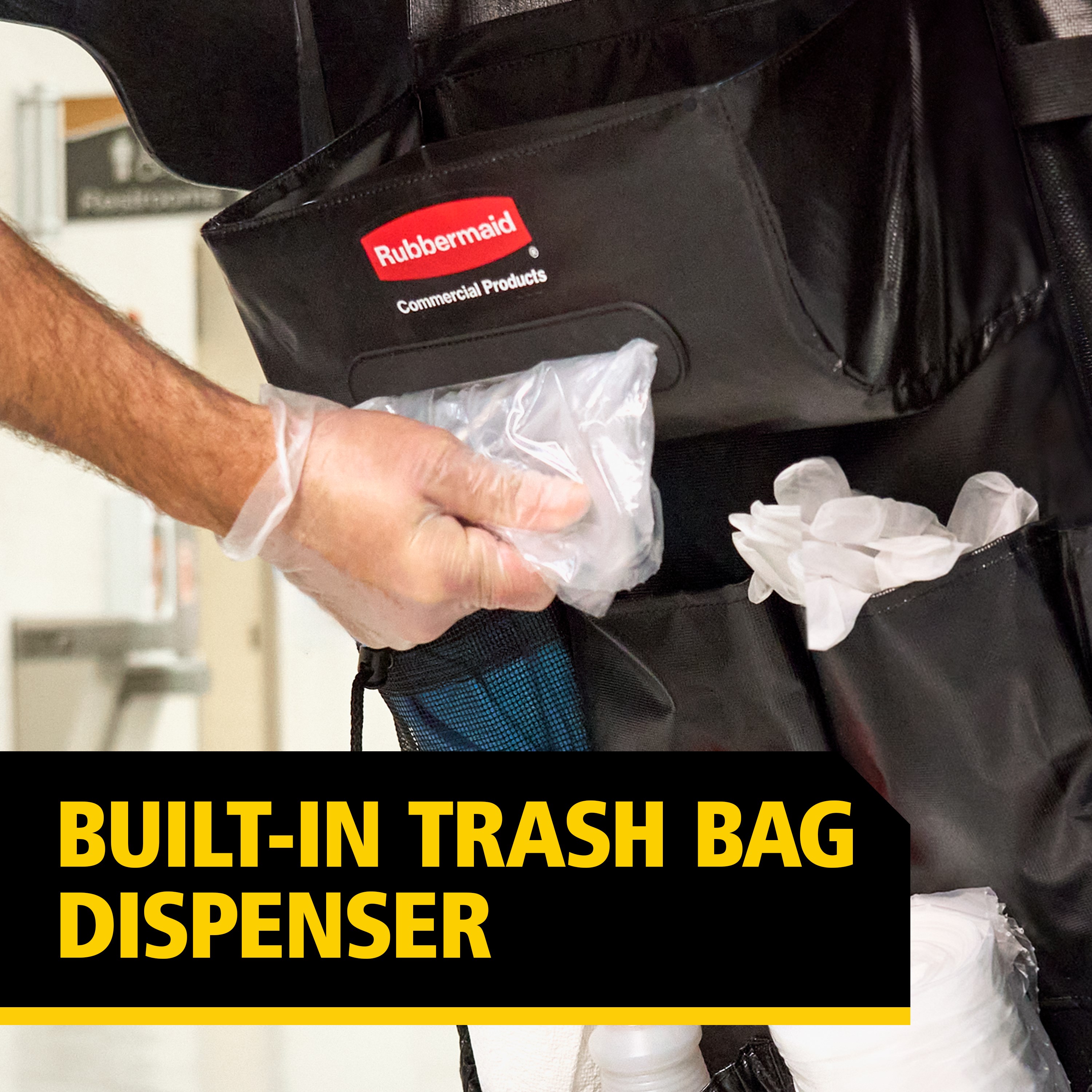 The Rubbermaid Commercial Products Tilt Truck Bag Organizer is an adaptable tilt truck organization solution that fits both Structural Foam and Rotomolded Tilt Trucks. The bag organizer features a built in bag dispenser and pockets of different sizes to fit all items needed during a shift.