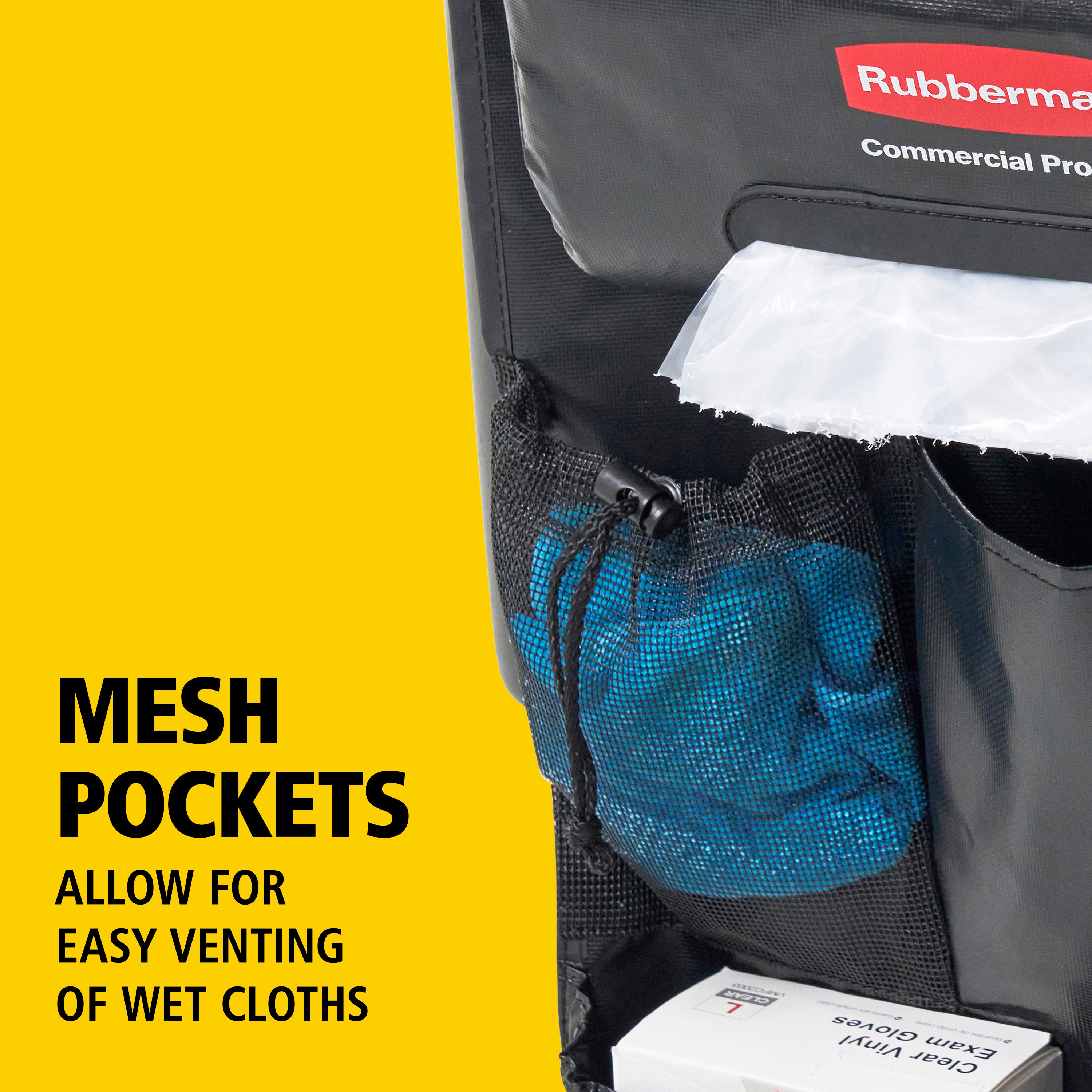 The Rubbermaid Commercial Products Tilt Truck Bag Organizer is an adaptable tilt truck organization solution that fits both Structural Foam and Rotomolded Tilt Trucks. The bag organizer features a built in bag dispenser and pockets of different sizes to fit all items needed during a shift.