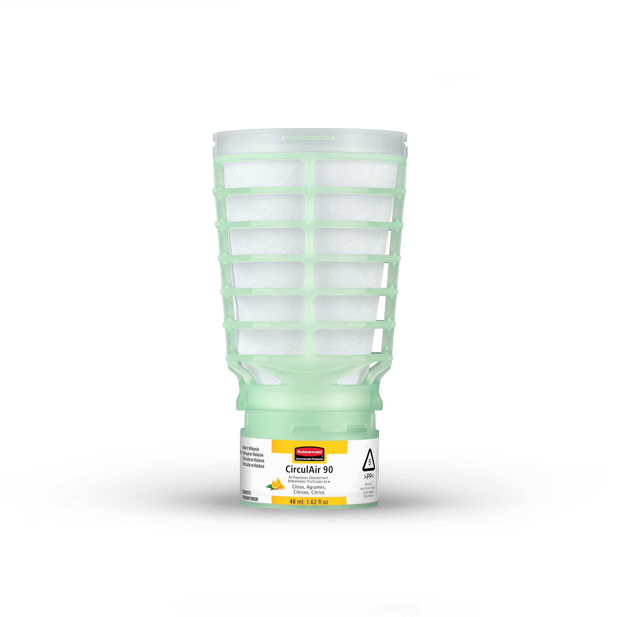 The Rubbermaid Commercial Products® CirculAir 90™ Citrus scent refill is engineered to deliver reliable air care performance with verified recyclability. Made from a single material, the refill is recycle-stream-ready and requires no dismantling.