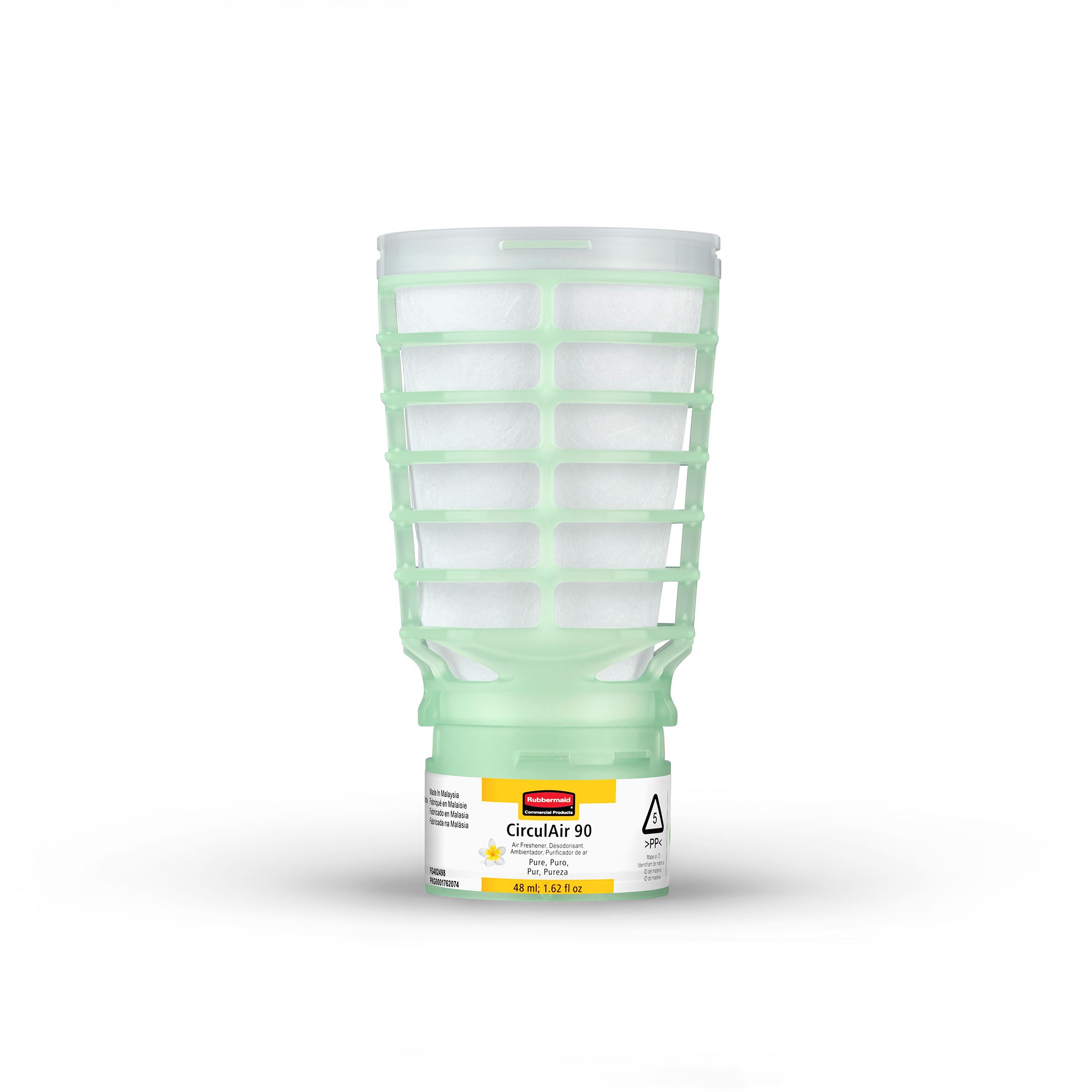 ラバーメイド・コマーシャル・プロダクツ® サーキュルエア90™ ピュア香りのリフィルは、信頼性の高い空気ケア性能と実証済みのリサイクル性を実現するよう設計されています。単一素材で作られた本リフィルは、リサイクル処理ラインにそのまま投入可能で、分解作業は不要です。