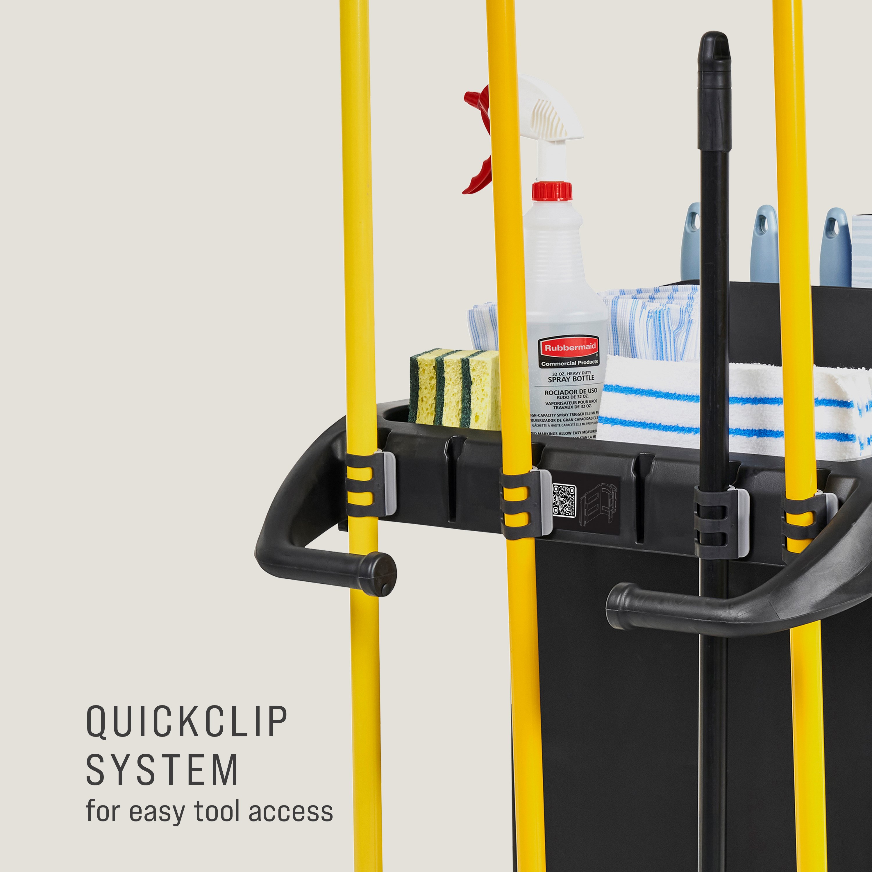 The Full-Size Housekeeping Cart is the complete system solution for efficient housekeeping, offering 360° maneuverability and customizable organization with two adjustable shelves.