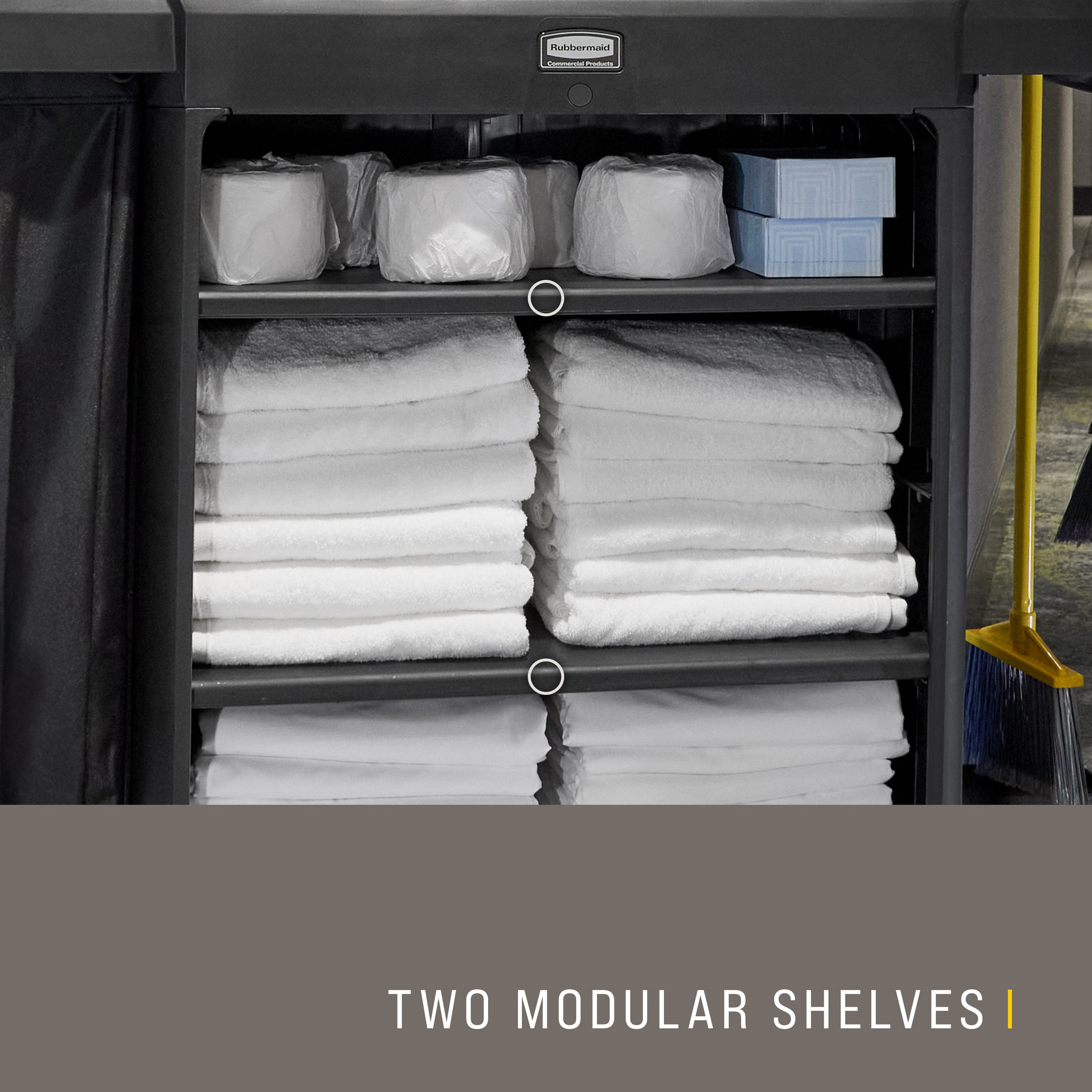 The Full-Size Housekeeping Cart is the complete system solution for efficient housekeeping, offering 360° maneuverability and customizable organization with two adjustable shelves.