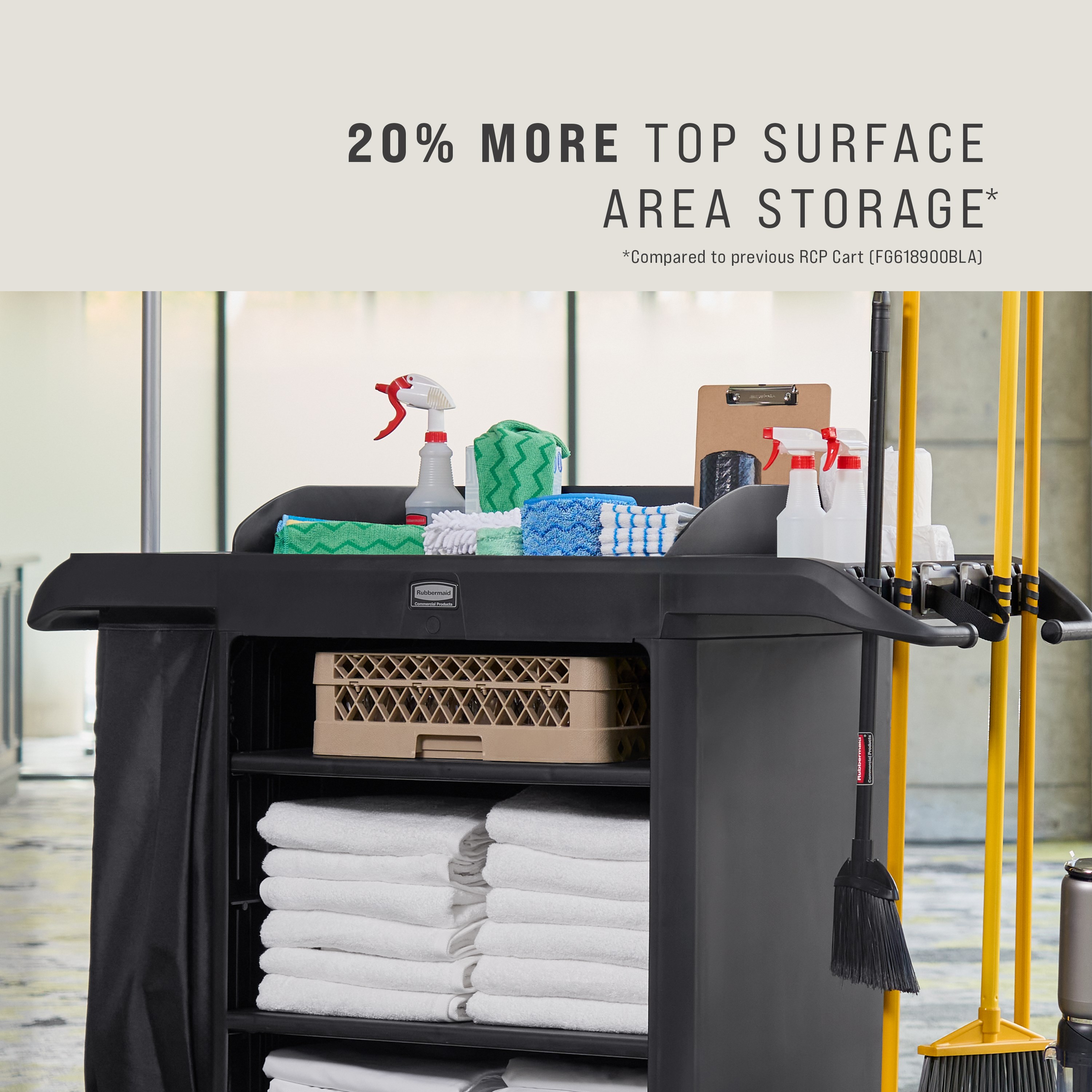 The Full-Size Housekeeping Cart is the complete system solution for efficient housekeeping, offering 360° maneuverability and customizable organization with two adjustable shelves.