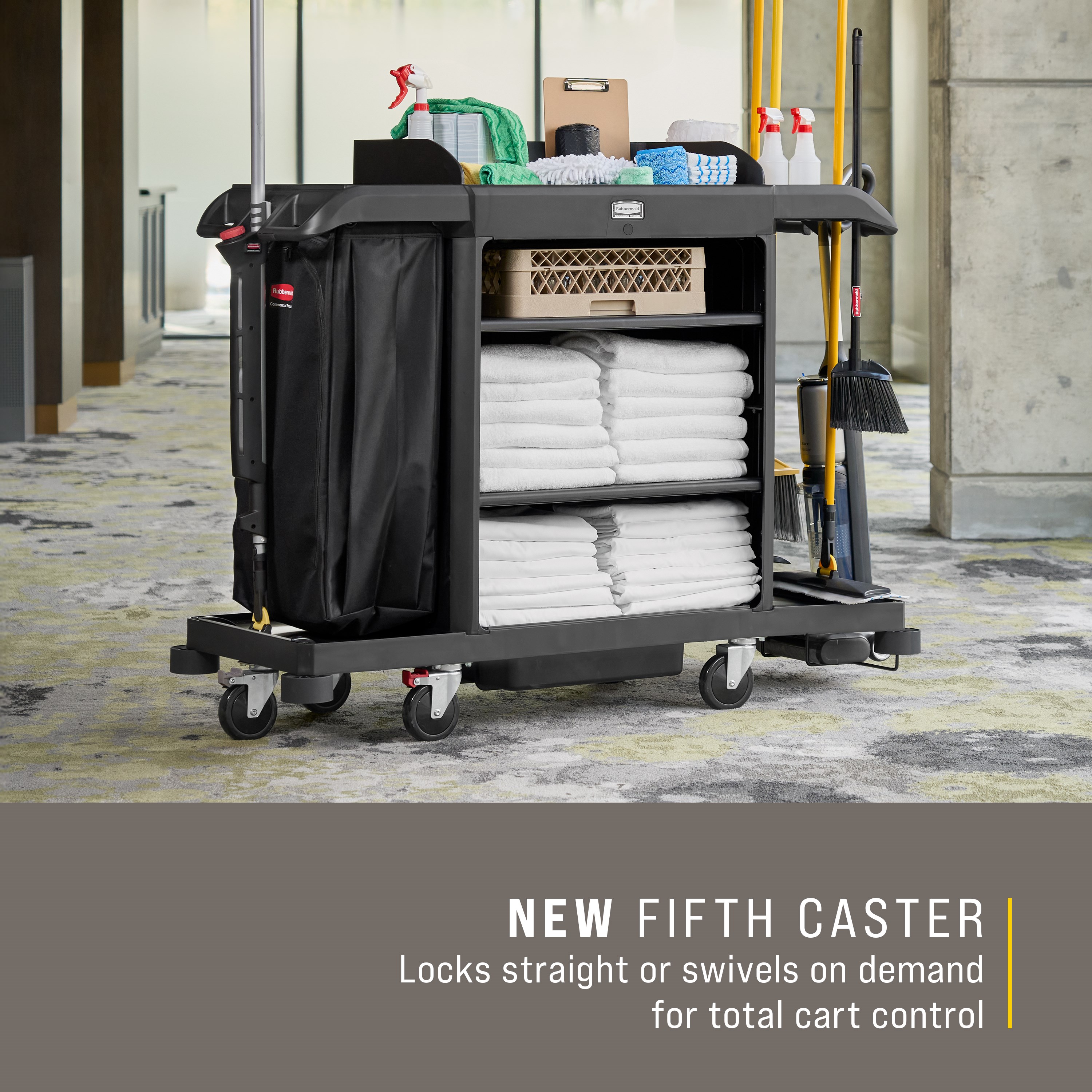 The Full-Size Housekeeping Cart is the complete system solution for efficient housekeeping, offering 360° maneuverability and customizable organization with two adjustable shelves.