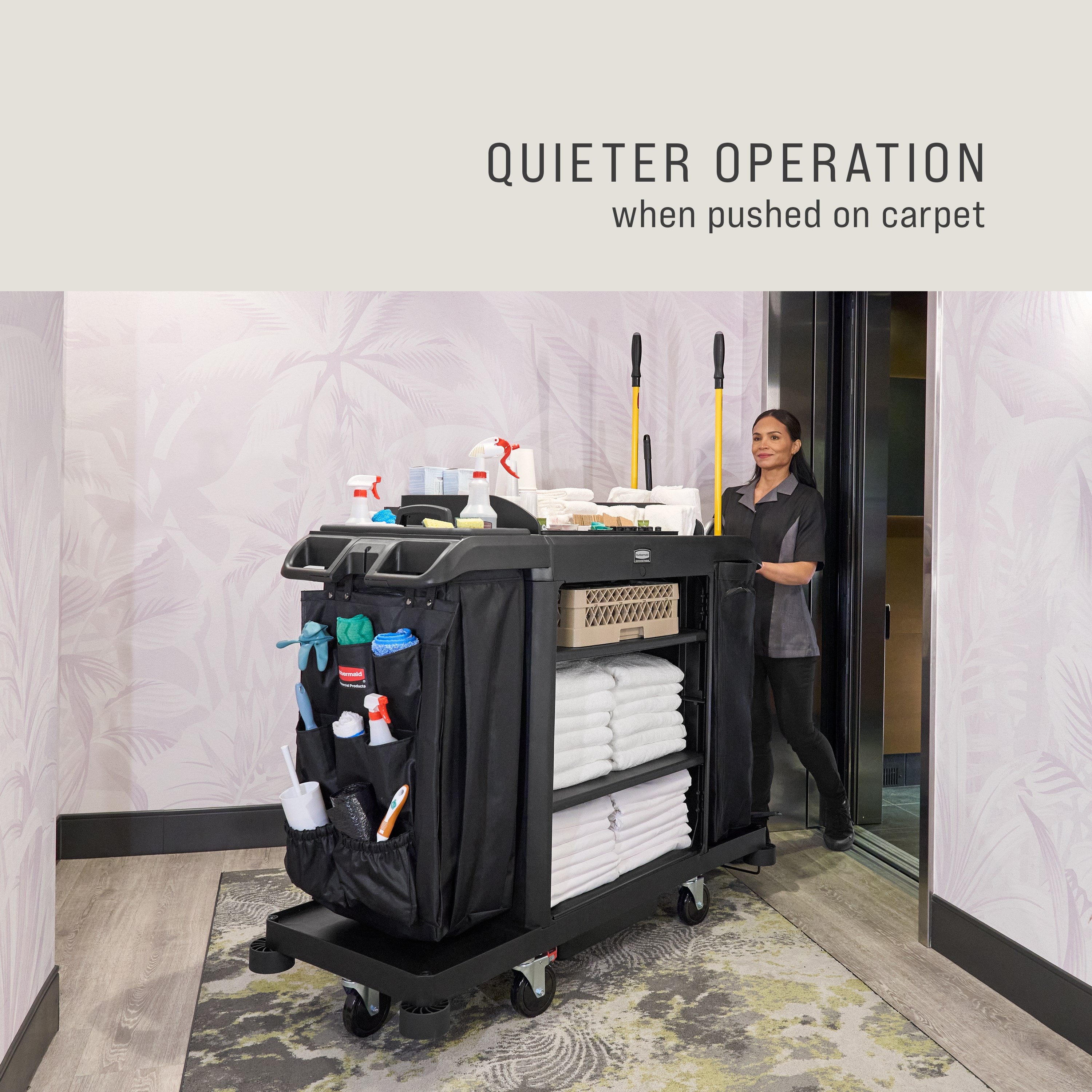 The Full-Size Housekeeping Cart with Accessory Bundle is the complete system solution for efficient housekeeping, offering 360° maneuverability and a new accessory bundle for improved cart organization.