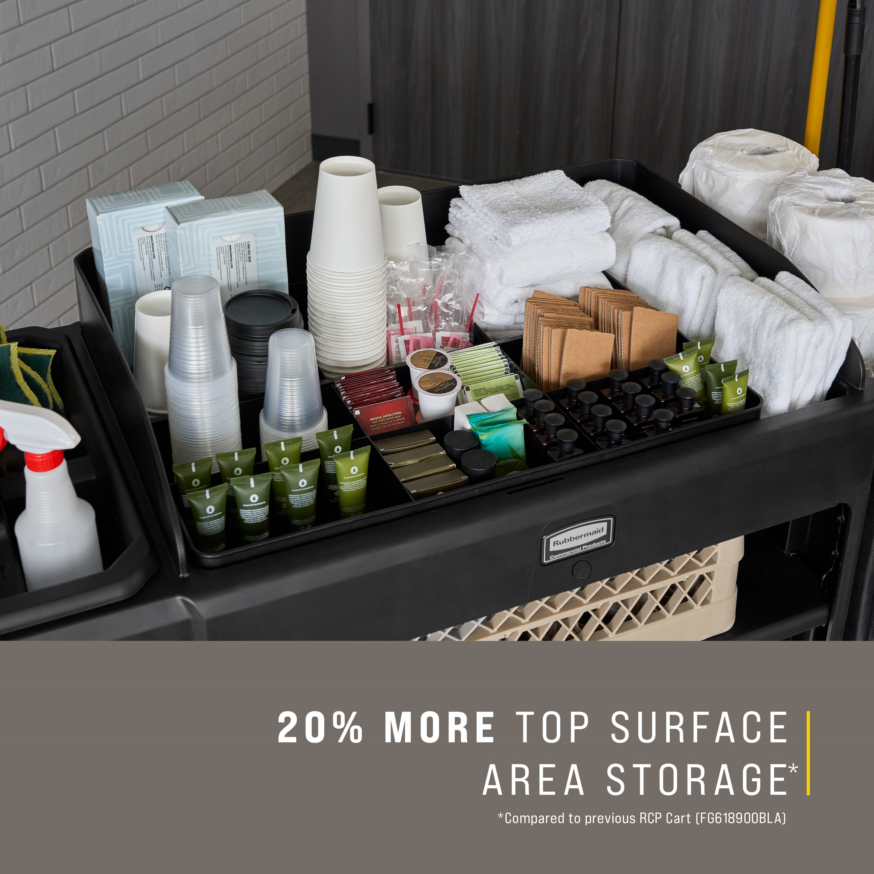 The Full-Size Housekeeping Cart with Accessory Bundle is the complete system solution for efficient housekeeping, offering 360° maneuverability and a new accessory bundle for improved cart organization.