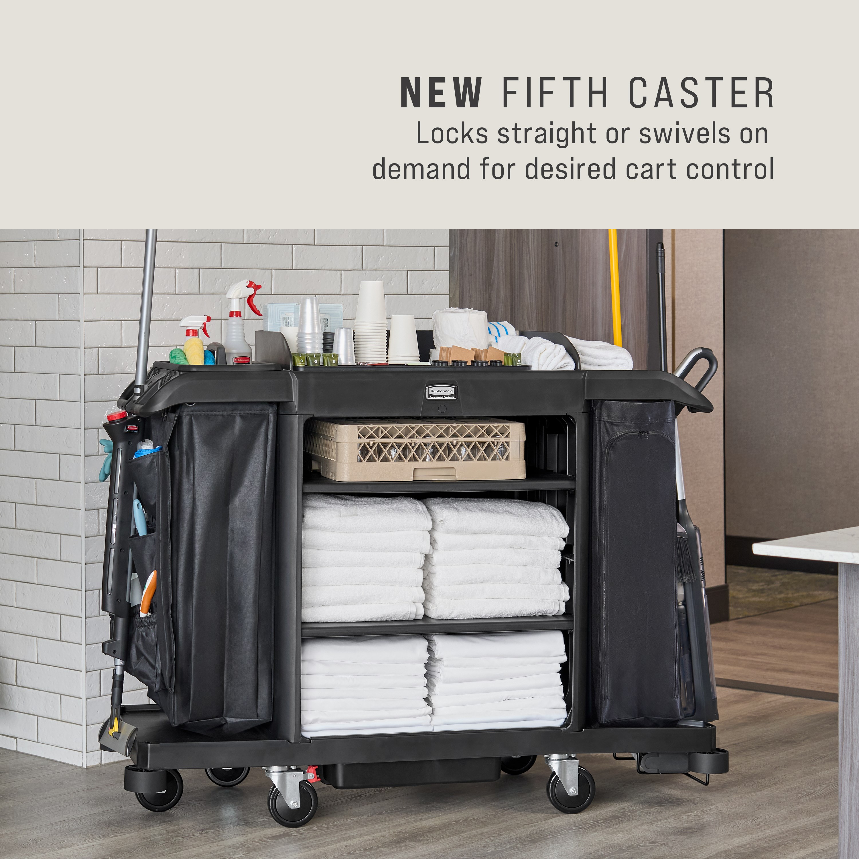 The Full-Size Housekeeping Cart with Accessory Bundle is the complete system solution for efficient housekeeping, offering 360° maneuverability and a new accessory bundle for improved cart organization.