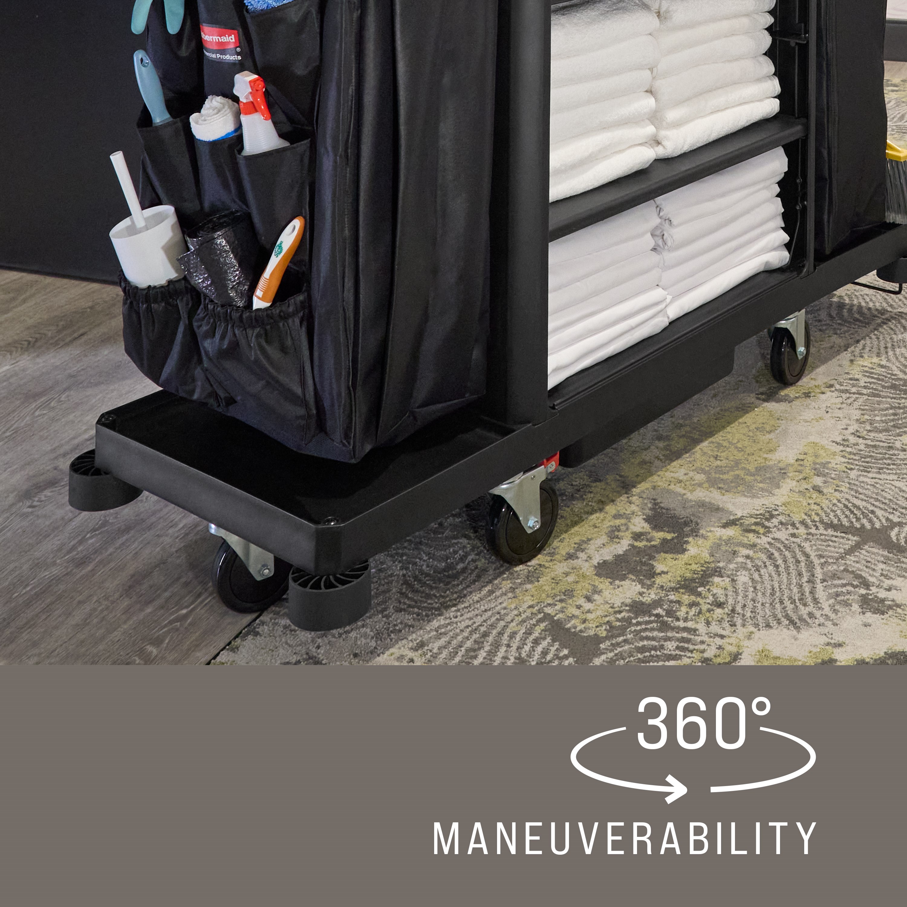 The Full-Size Housekeeping Cart with Accessory Bundle is the complete system solution for efficient housekeeping, offering 360° maneuverability and a new accessory bundle for improved cart organization.