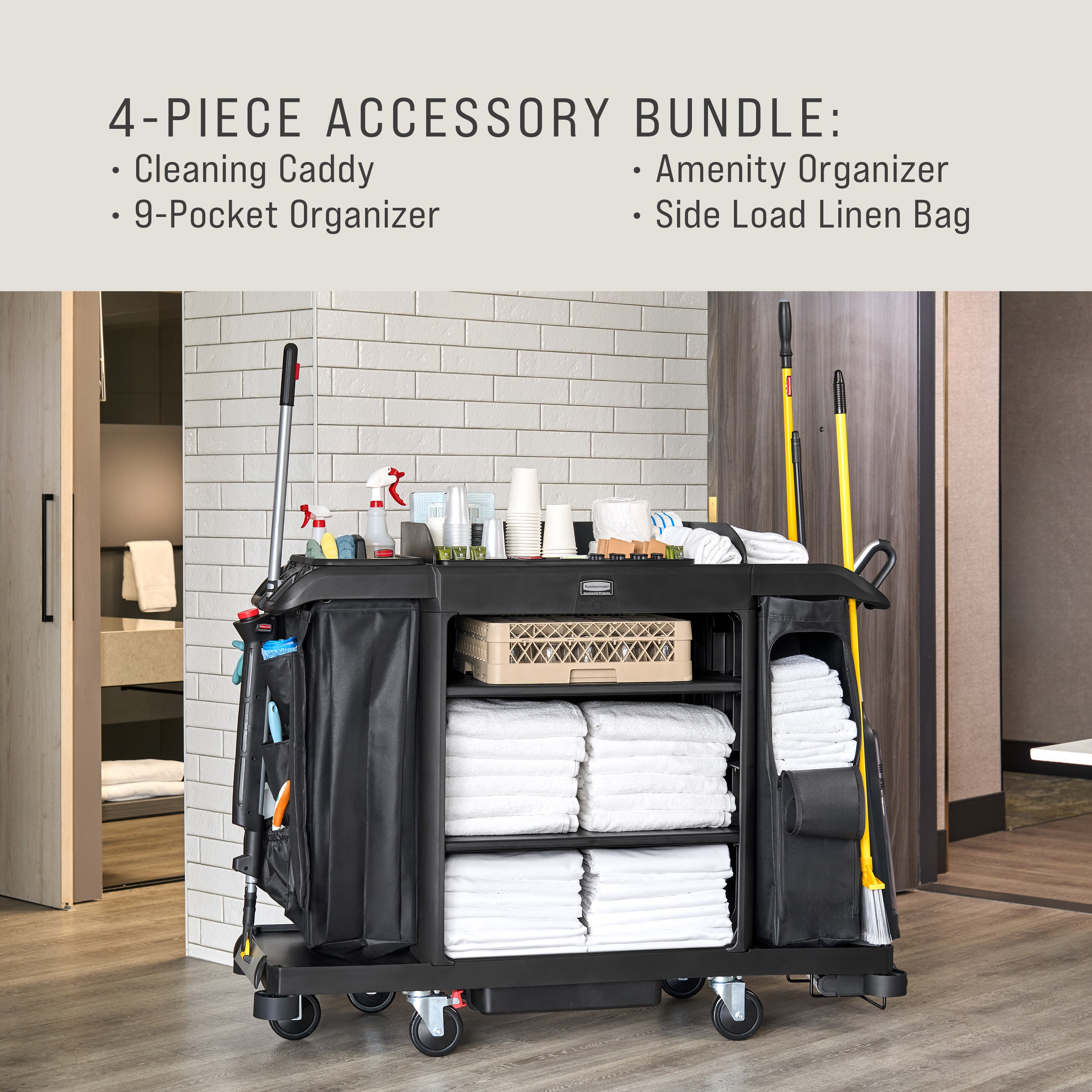 The Full-Size Housekeeping Cart with Accessory Bundle is the complete system solution for efficient housekeeping, offering 360° maneuverability and a new accessory bundle for improved cart organization.