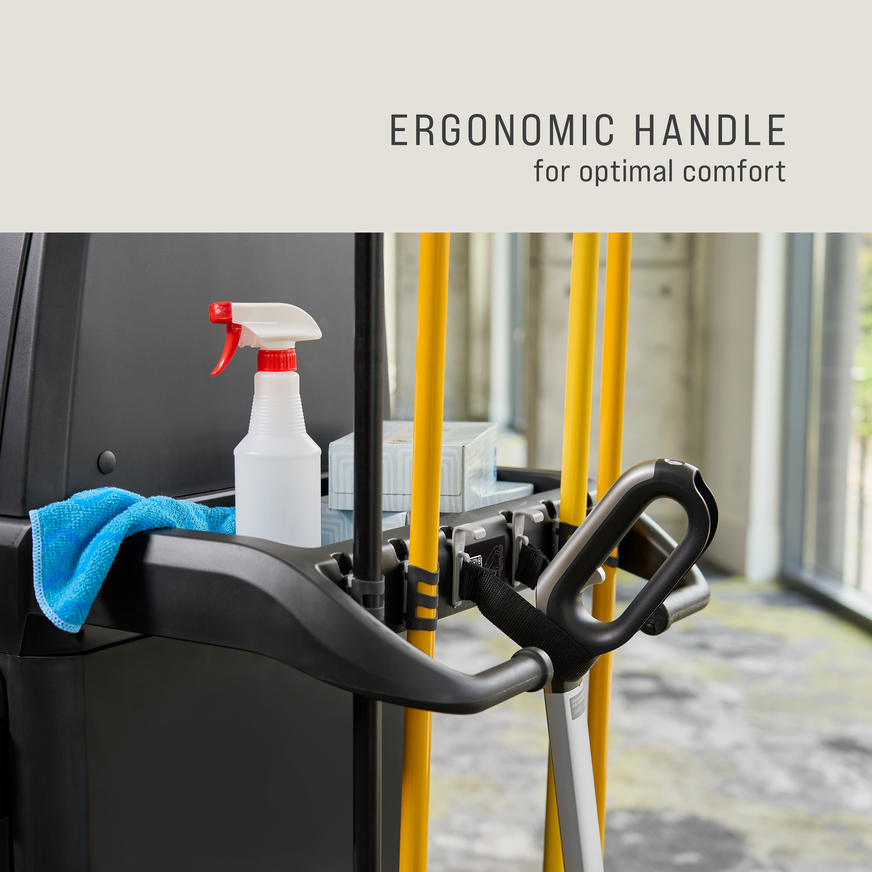 The Full-Size Housekeeping Cart with Hood and Doors is the complete system solution for efficient housekeeping, offering 360° maneuverability and customizable organization with two adjustable shelves.