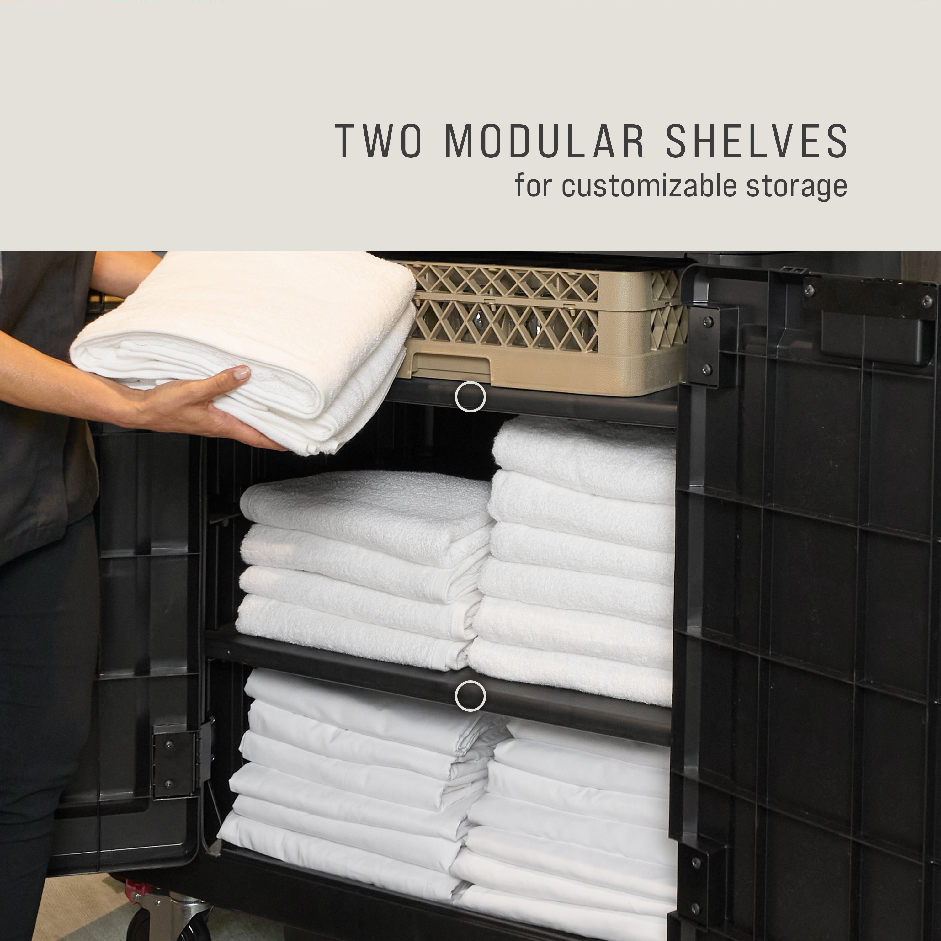 The Full-Size Housekeeping Cart with Hood and Doors is the complete system solution for efficient housekeeping, offering 360° maneuverability and customizable organization with two adjustable shelves.