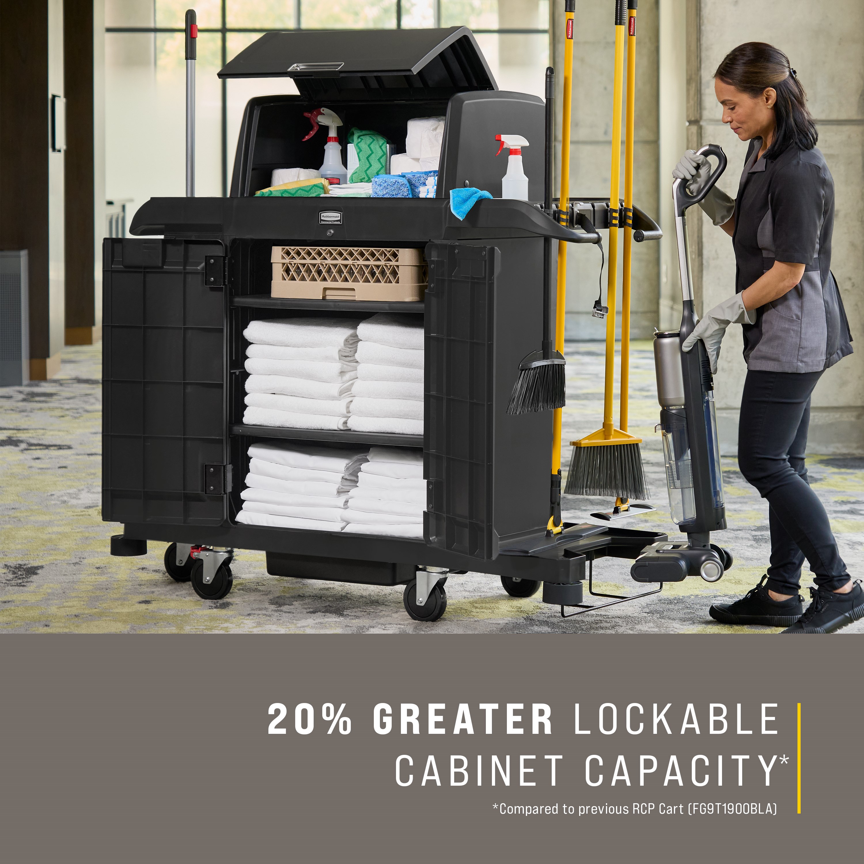 The Full-Size Housekeeping Cart with Hood and Doors is the complete system solution for efficient housekeeping, offering 360° maneuverability and customizable organization with two adjustable shelves.