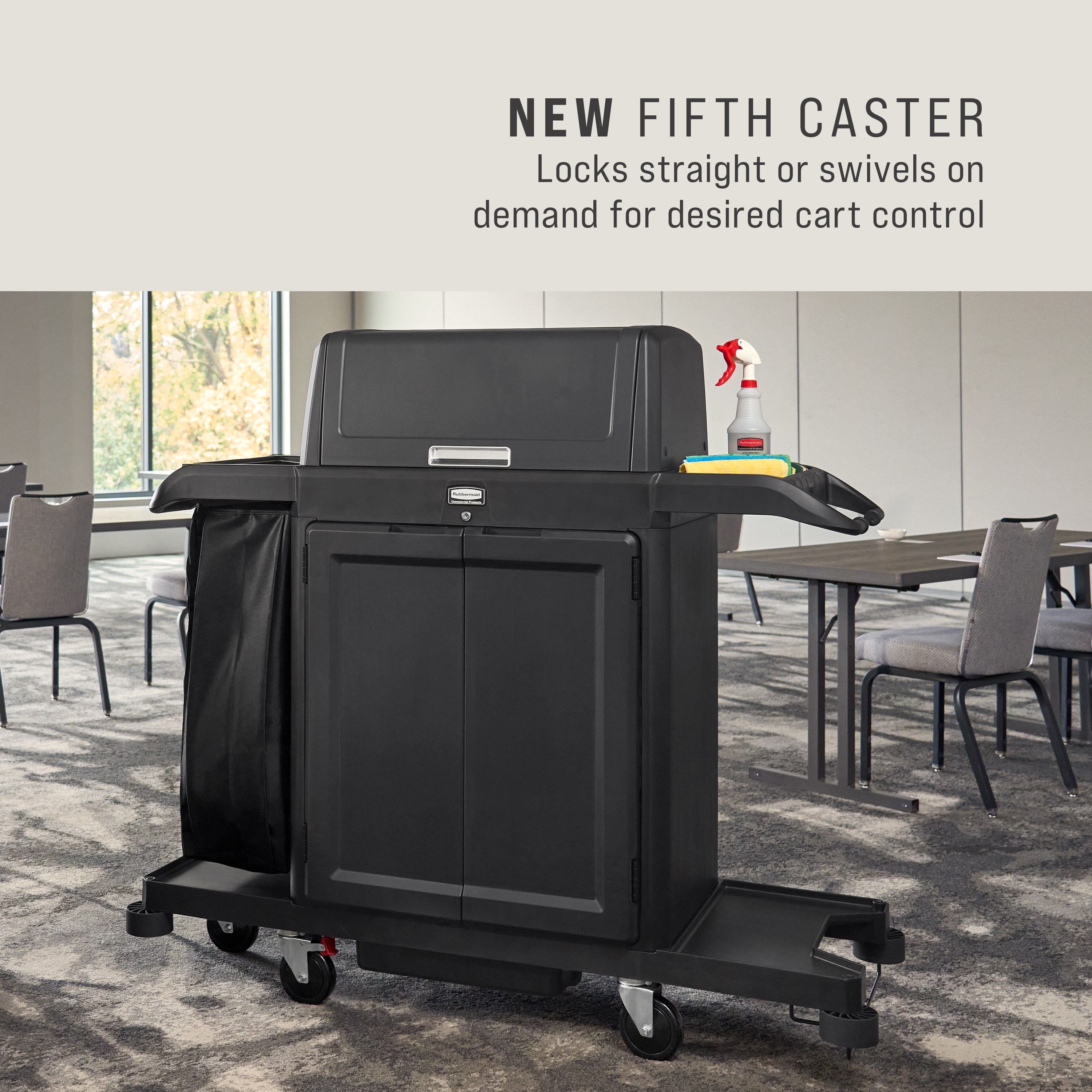 The Full-Size Housekeeping Cart with Hood and Doors is the complete system solution for efficient housekeeping, offering 360° maneuverability and customizable organization with two adjustable shelves.