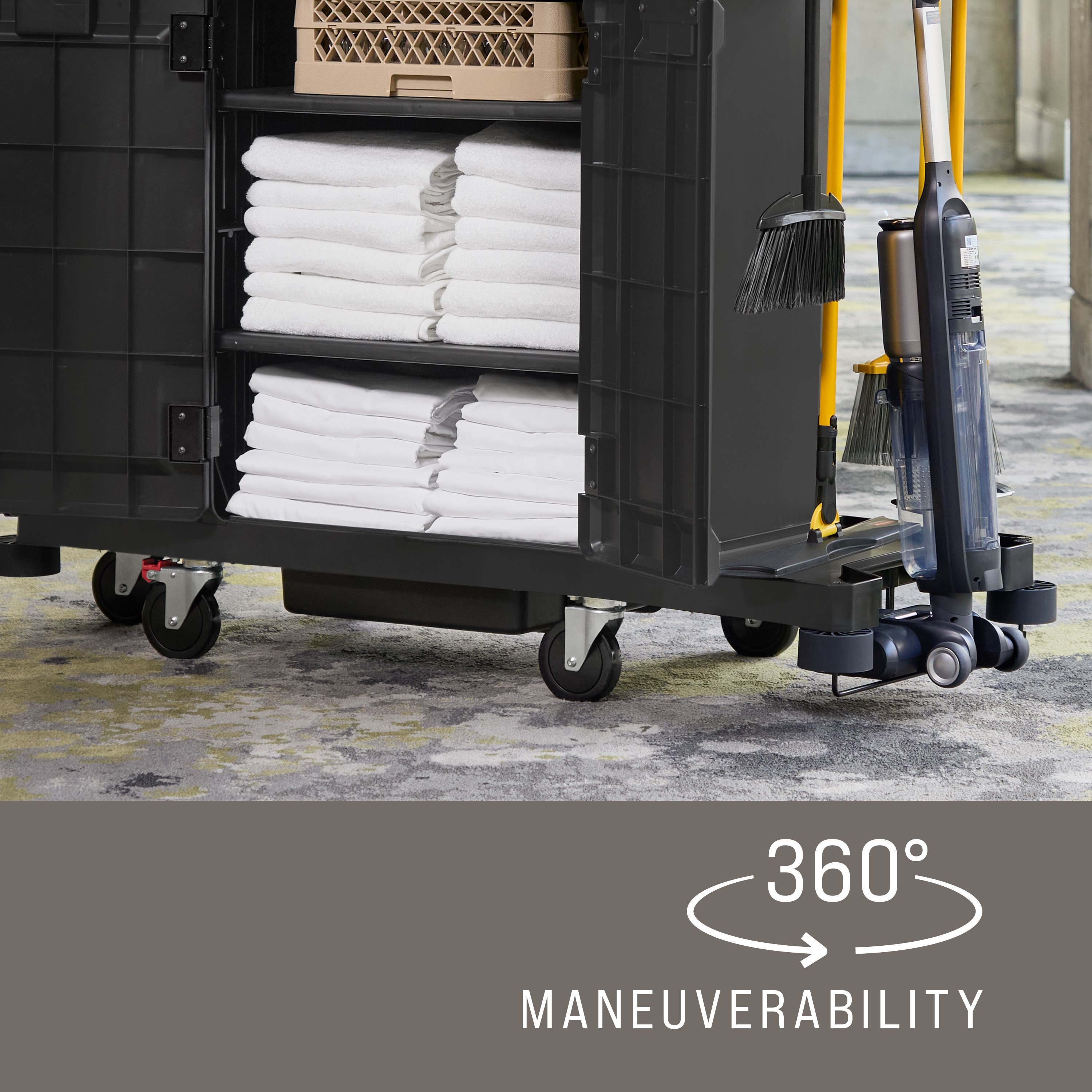 The Full-Size Housekeeping Cart with Hood and Doors is the complete system solution for efficient housekeeping, offering 360° maneuverability and customizable organization with two adjustable shelves.